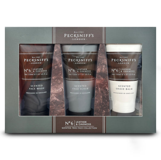 Pecksniff’s Men’s Trio Face Collection – Leather & Oakmoss – Face Wash, Face Scrub & Shave Balm Gift Set, 3 x 75ml