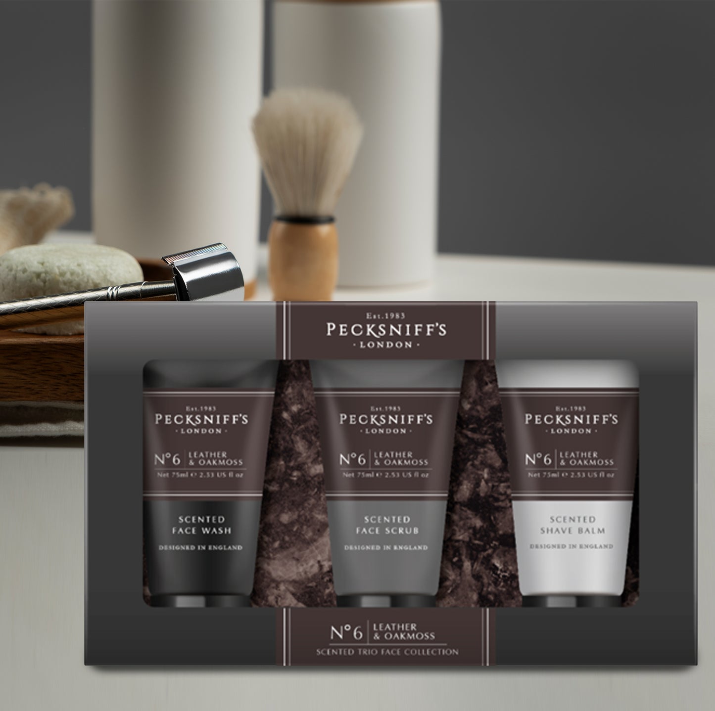 Pecksniff’s Men’s Trio Face Collection – Leather & Oakmoss – Face Wash, Face Scrub & Shave Balm Gift Set, 3 x 75ml
