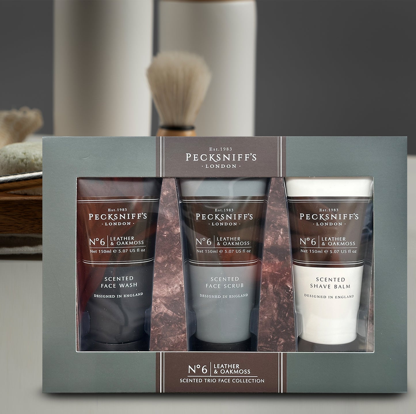 Pecksniff’s Men’s Trio Face Collection – Leather & Oakmoss – Face Wash, Face Scrub & Shave Balm Gift Set, 3 x 75ml
