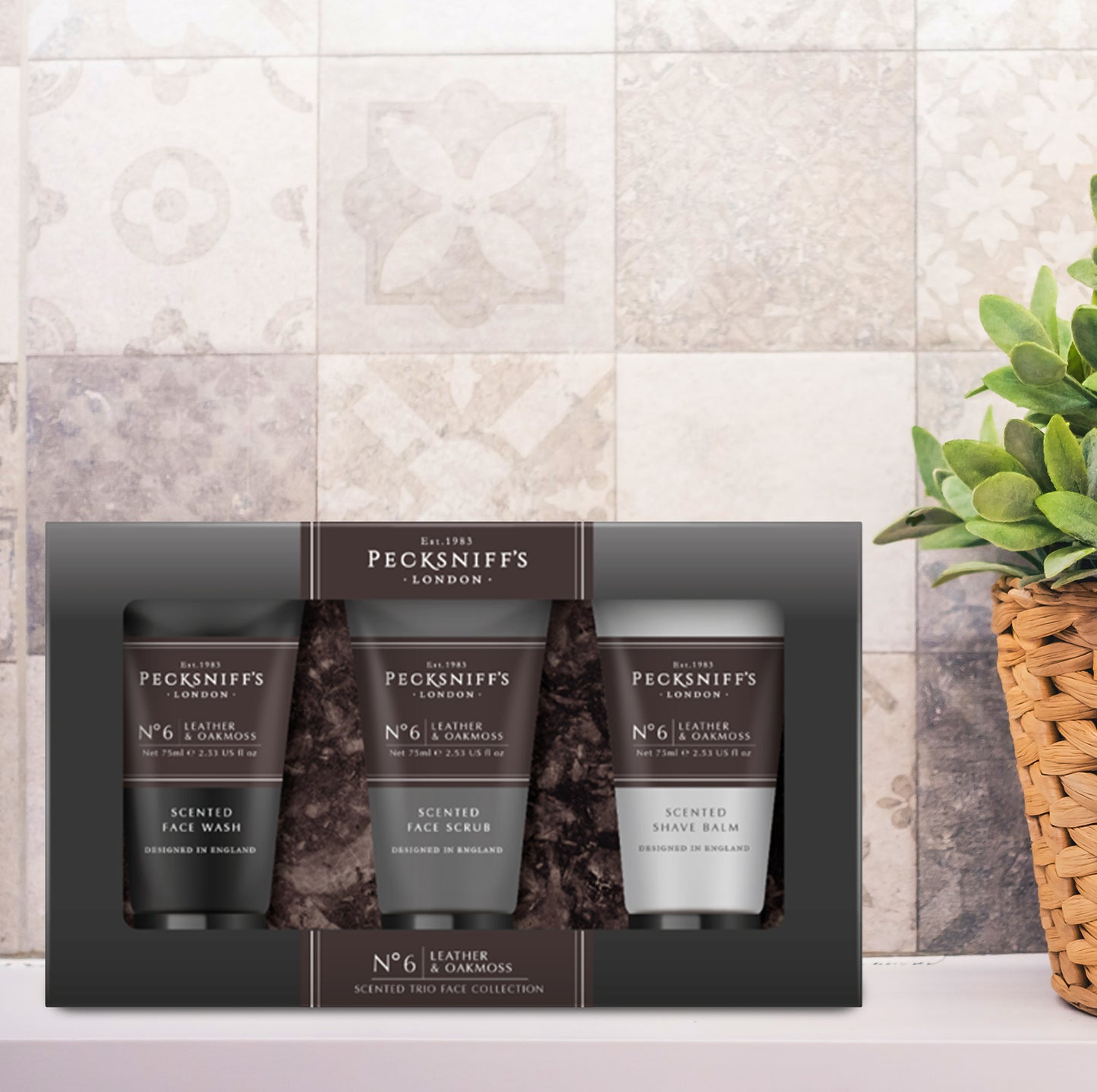Pecksniff’s Men’s Trio Face Collection – Leather & Oakmoss – Face Wash, Face Scrub & Shave Balm Gift Set, 3 x 75ml