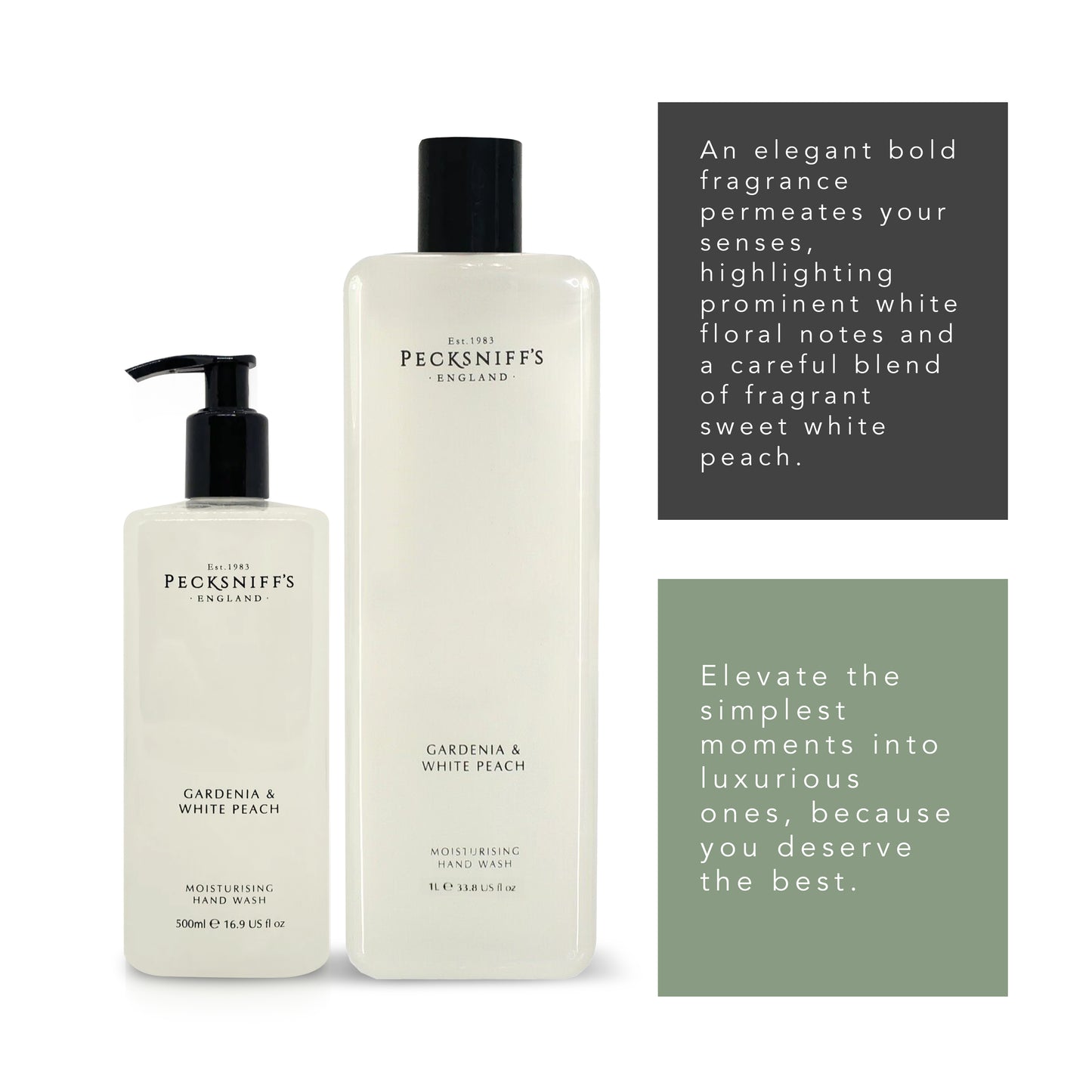 Pecksniffs Classic Gardenia and White Peach Moisturizing Hand Wash 500ml/16.9 Fl oz and Hand Wash Refill 1L/1000ml,33.8 Oz