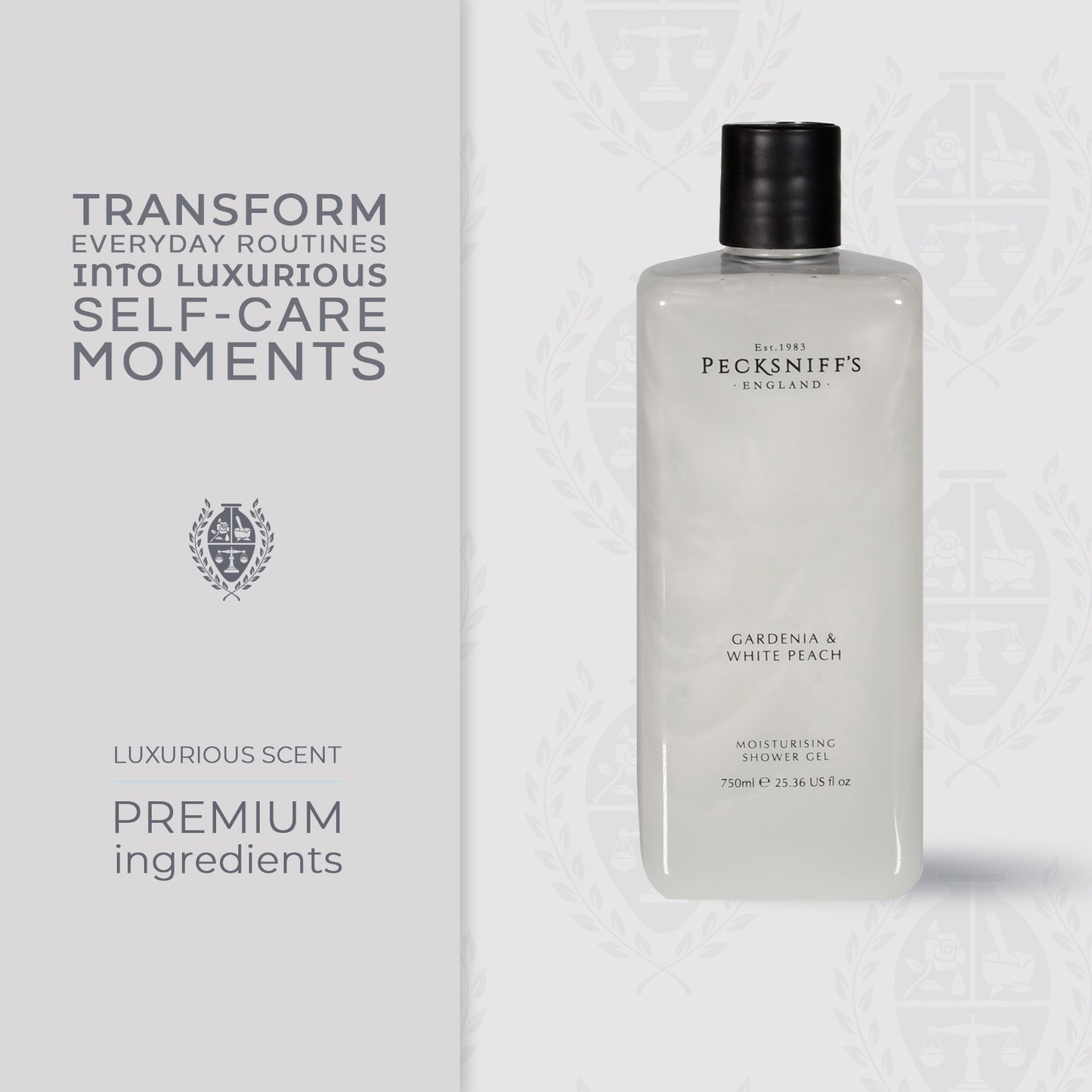 Pecksniff's Gardenia & White Peach Moisturizing Shower Gel | 750ml / 25.366 Fl Oz