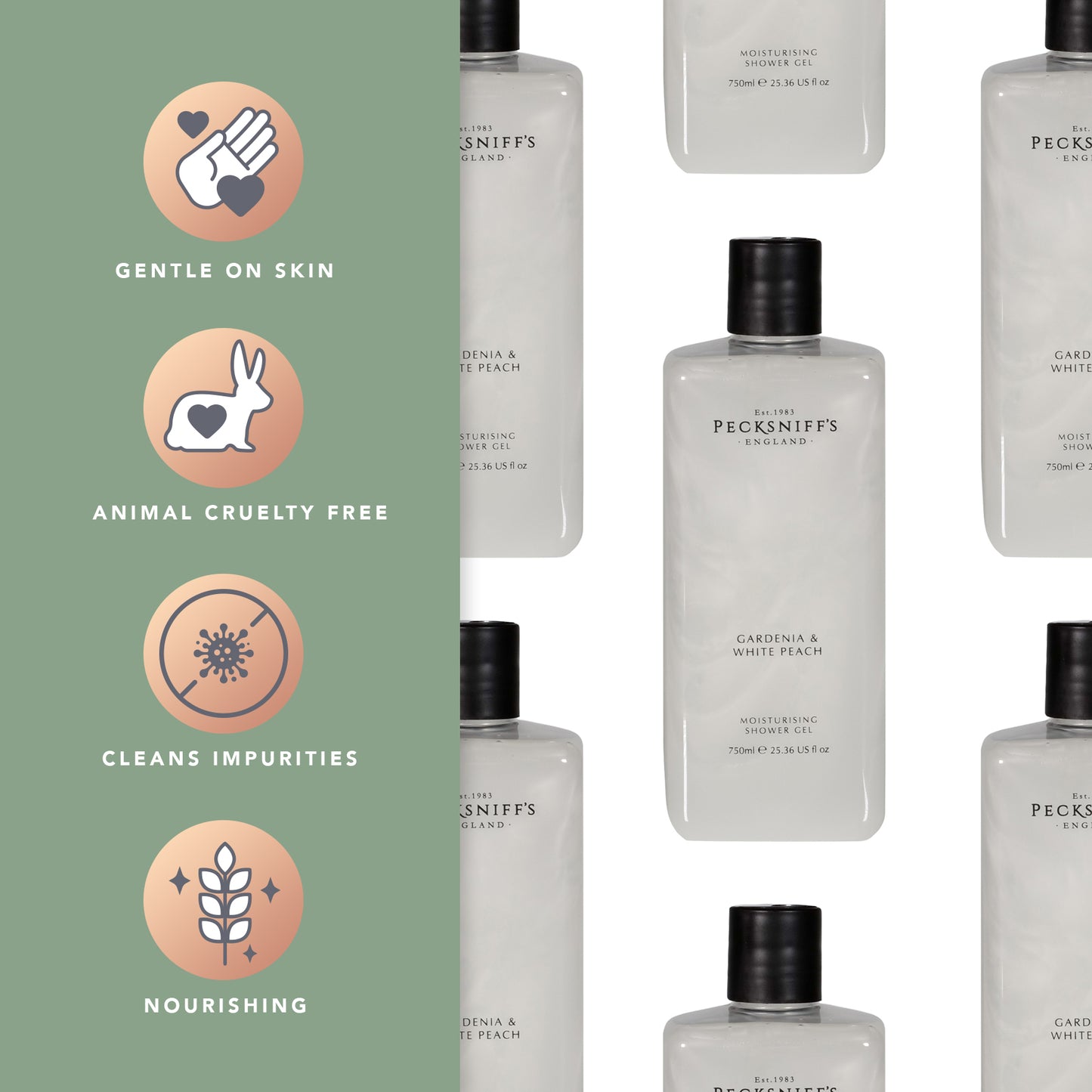 Pecksniff's Gardenia & White Peach Moisturizing Shower Gel | 750ml / 25.366 Fl Oz