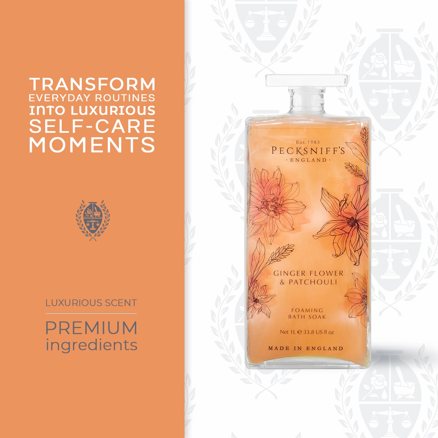 Pecksniff’s GingerFlower & Patchouli Foaming Bath Soak – Luxury Bubble Bath, 1L / 33.8 fl oz, Made in England