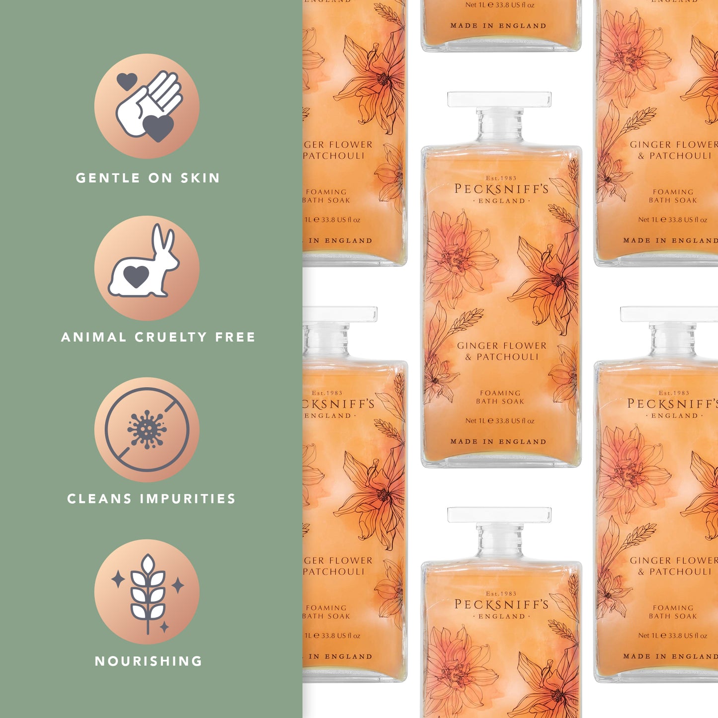 Pecksniff’s GingerFlower & Patchouli Foaming Bath Soak – Luxury Bubble Bath, 1L / 33.8 fl oz, Made in England
