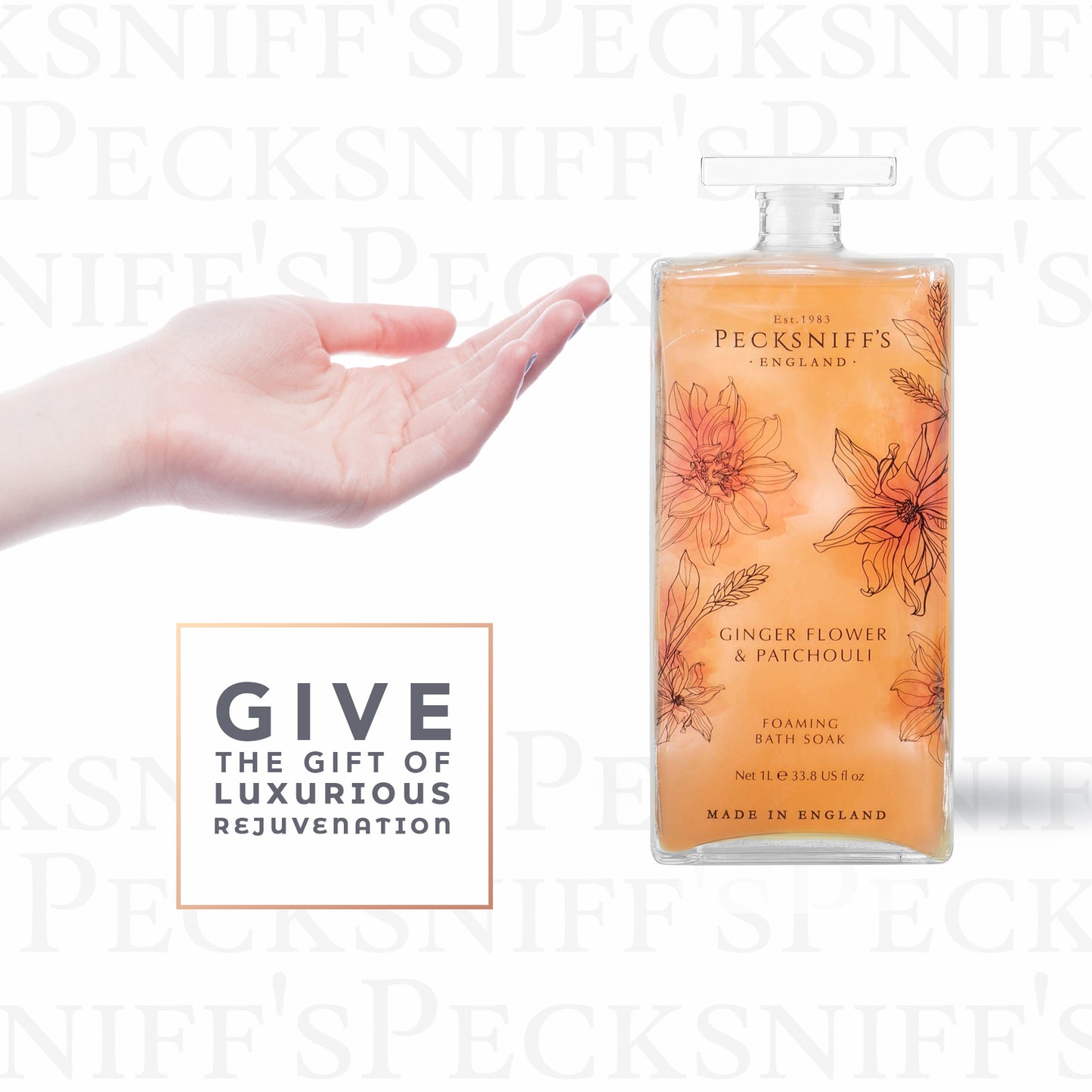 Pecksniff’s GingerFlower & Patchouli Foaming Bath Soak – Luxury Bubble Bath, 1L / 33.8 fl oz, Made in England