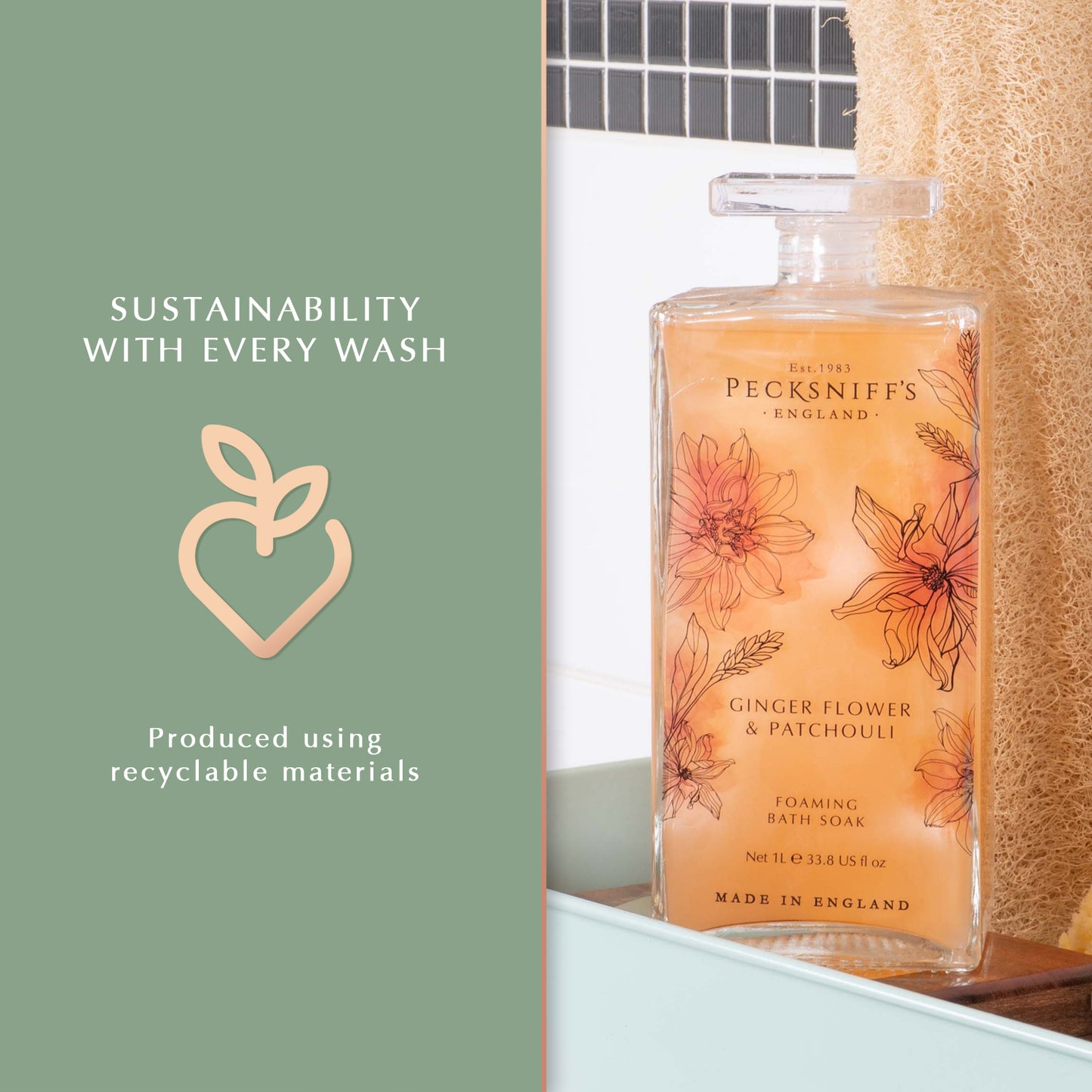 Pecksniff’s GingerFlower & Patchouli Foaming Bath Soak – Luxury Bubble Bath, 1L / 33.8 fl oz, Made in England
