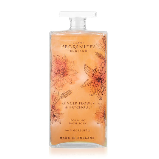 Pecksniff’s GingerFlower & Patchouli Foaming Bath Soak – Luxury Bubble Bath, 1L / 33.8 fl oz, Made in England