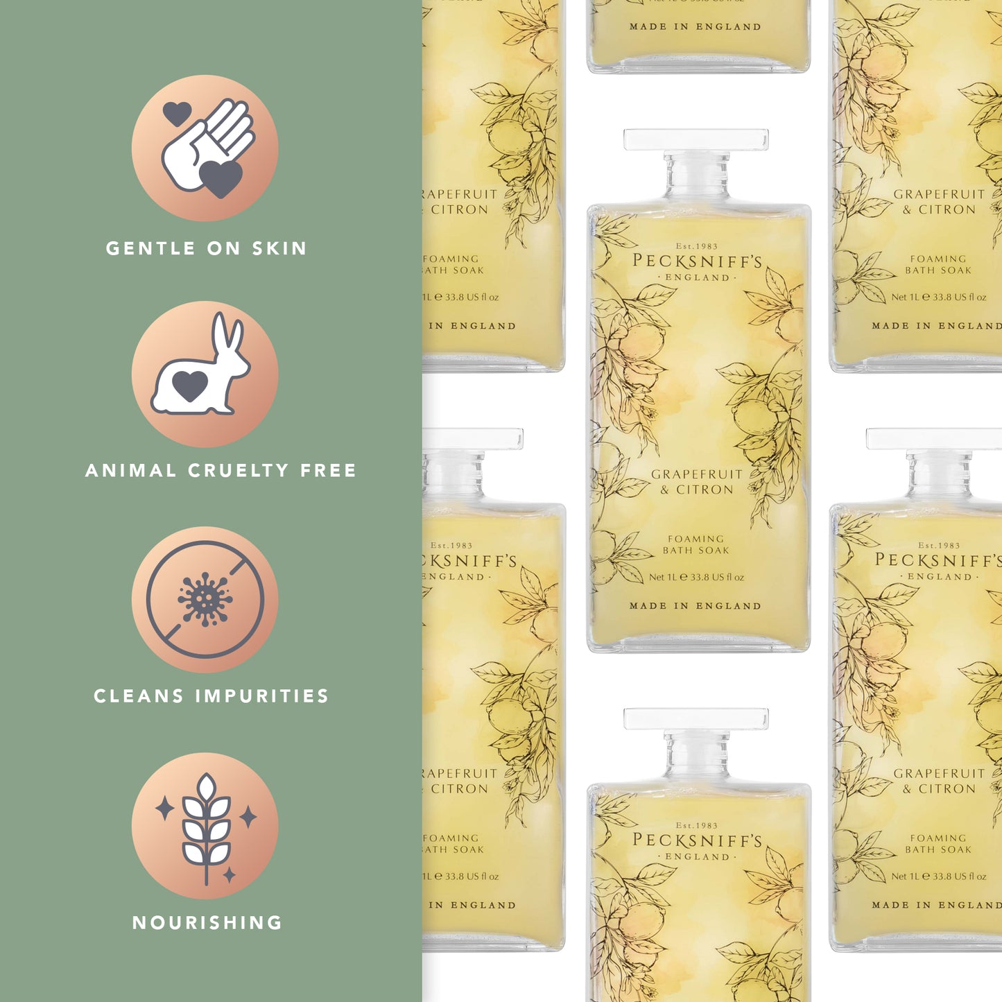Pecksniff’s Grapefruit & Citron Foaming Bath Soak – Luxury Bubble Bath, 1L / 33.8 fl oz, Made in England