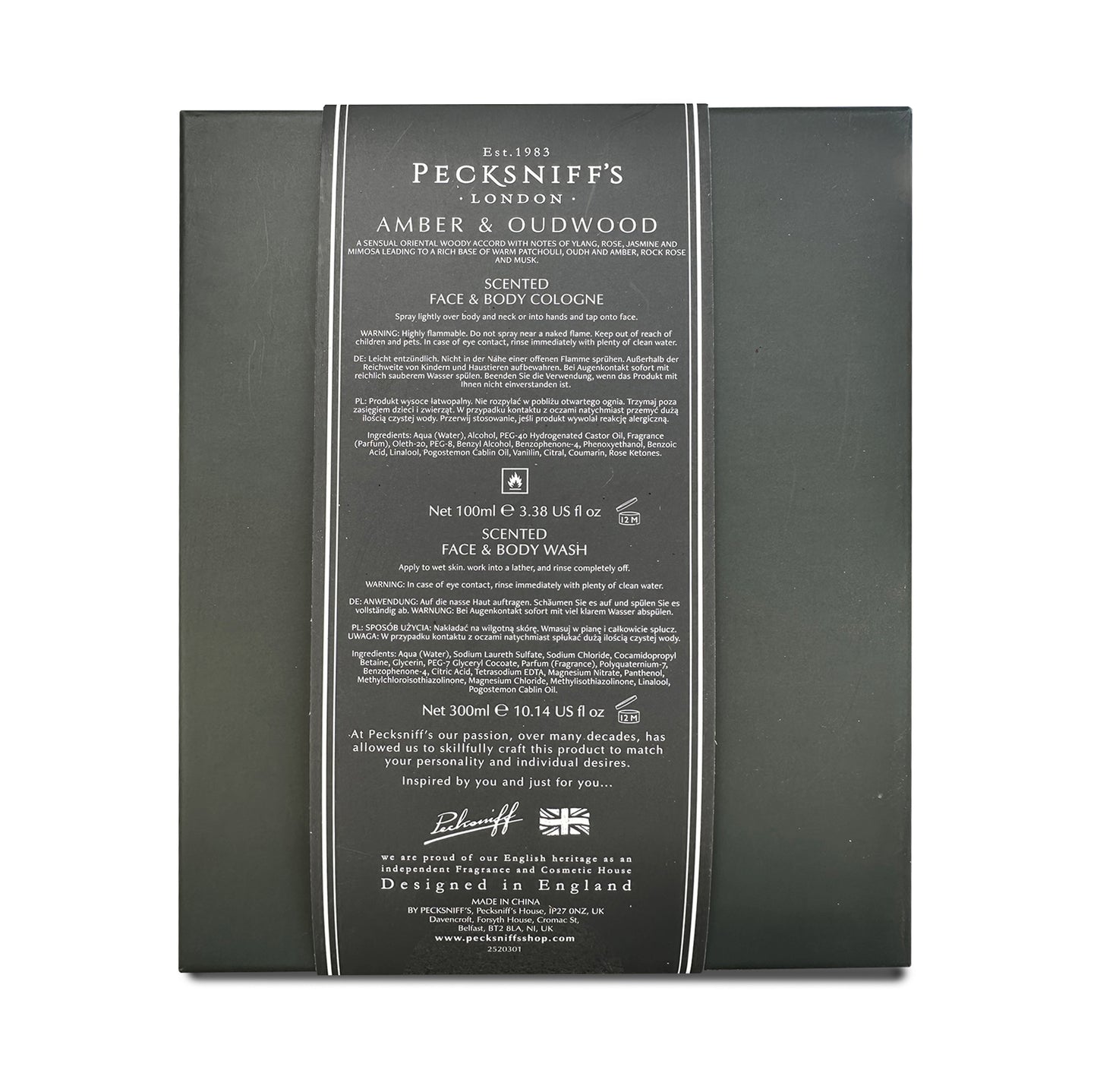 Pecksniff's Face & Body Duo Amber & Oud Wood – Men’s Grooming Gift Set with 100ml Face & Body Cologne and 250ml Body Wash – Luxury Fragrance Collection, Made in England