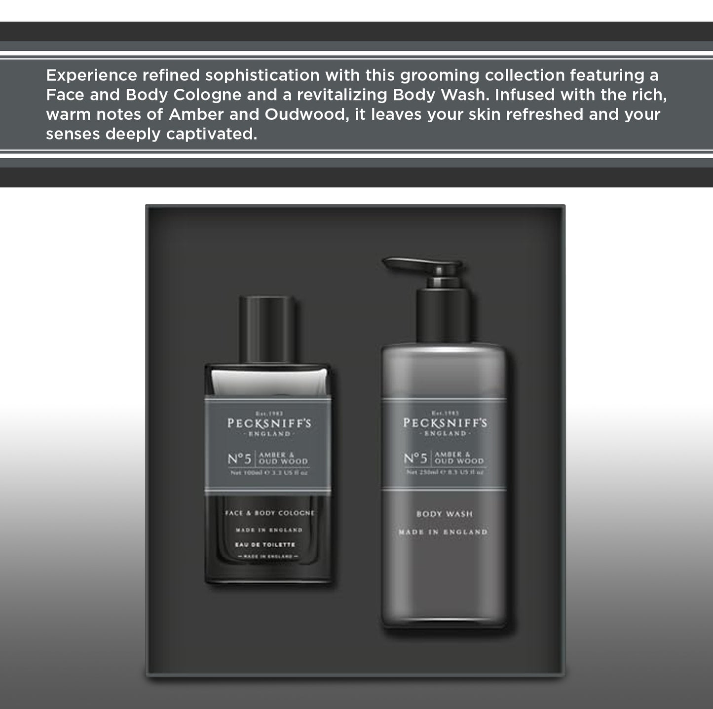 Pecksniff's Face & Body Duo Amber & Oud Wood – Men’s Grooming Gift Set with 100ml Face & Body Cologne and 250ml Body Wash – Luxury Fragrance Collection, Made in England