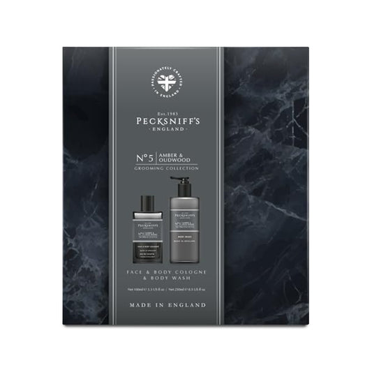Pecksniff's Face & Body Duo Amber & Oud Wood – Men’s Grooming Gift Set with 100ml Face & Body Cologne and 250ml Body Wash – Luxury Fragrance Collection, Made in England