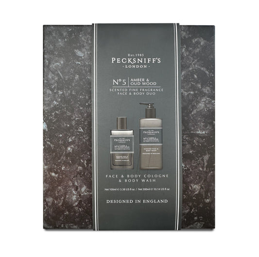 Pecksniff's Face & Body Duo Amber & Oud Wood – Men’s Grooming Gift Set with 100ml Face & Body Cologne and 250ml Body Wash – Luxury Fragrance Collection, Made in England
