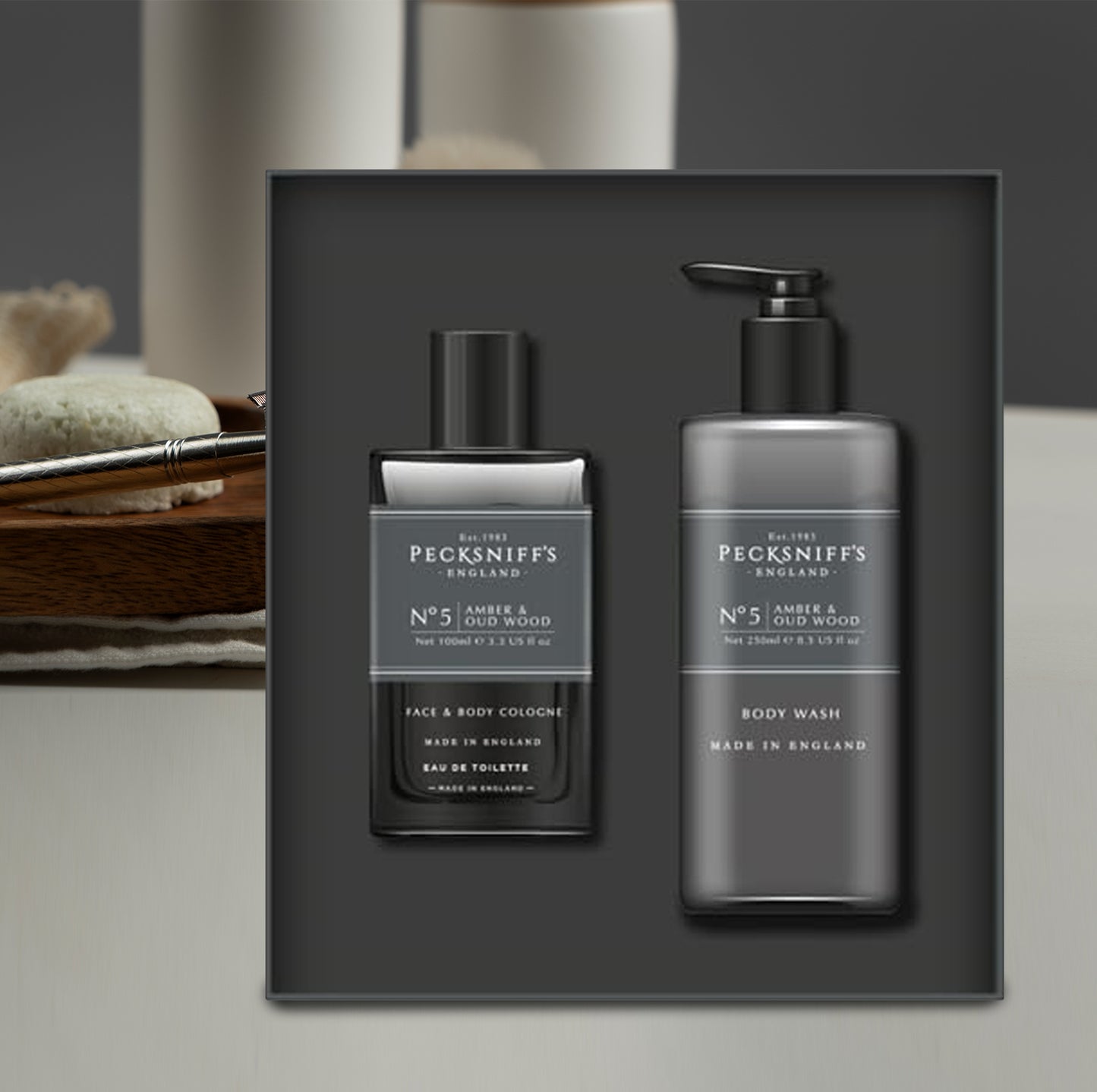 Pecksniff's Face & Body Duo Amber & Oud Wood – Men’s Grooming Gift Set with 100ml Face & Body Cologne and 250ml Body Wash – Luxury Fragrance Collection, Made in England