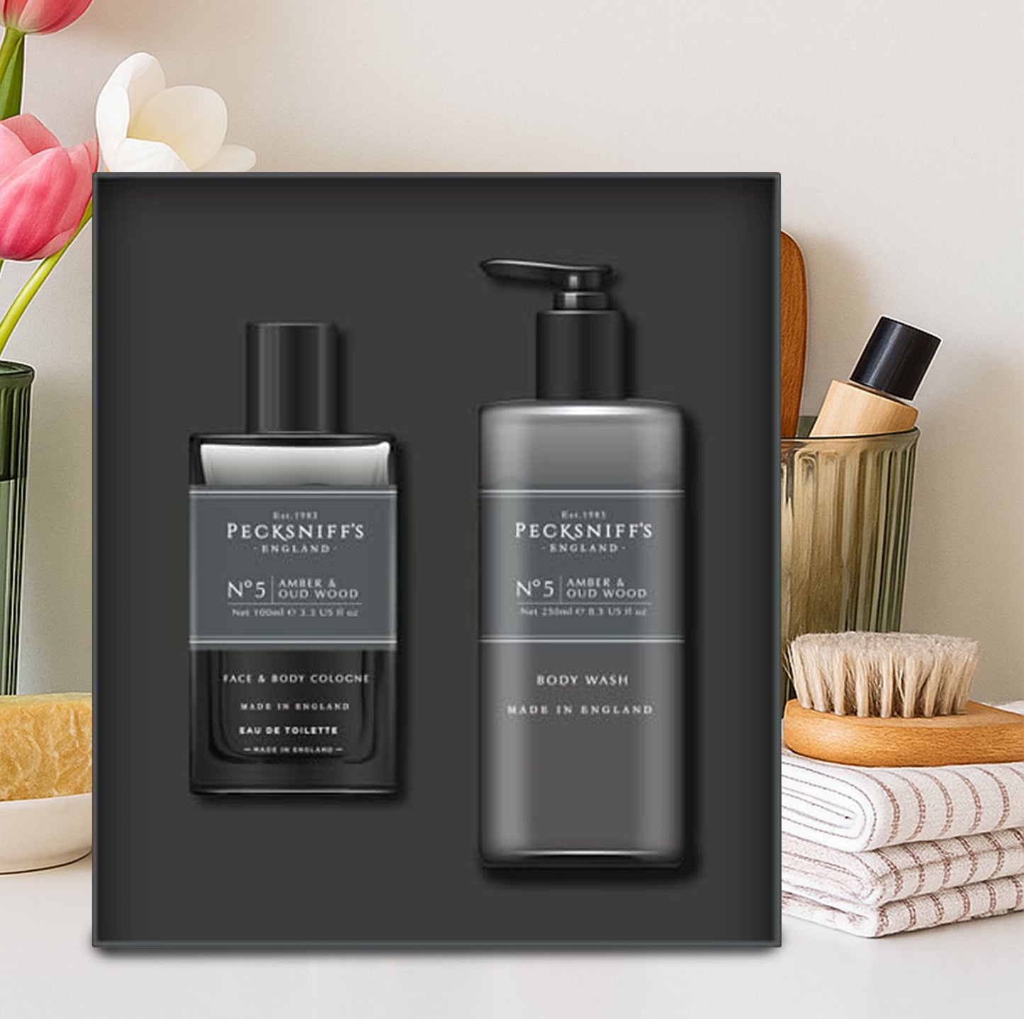 Pecksniff's Face & Body Duo Amber & Oud Wood – Men’s Grooming Gift Set with 100ml Face & Body Cologne and 250ml Body Wash – Luxury Fragrance Collection, Made in England