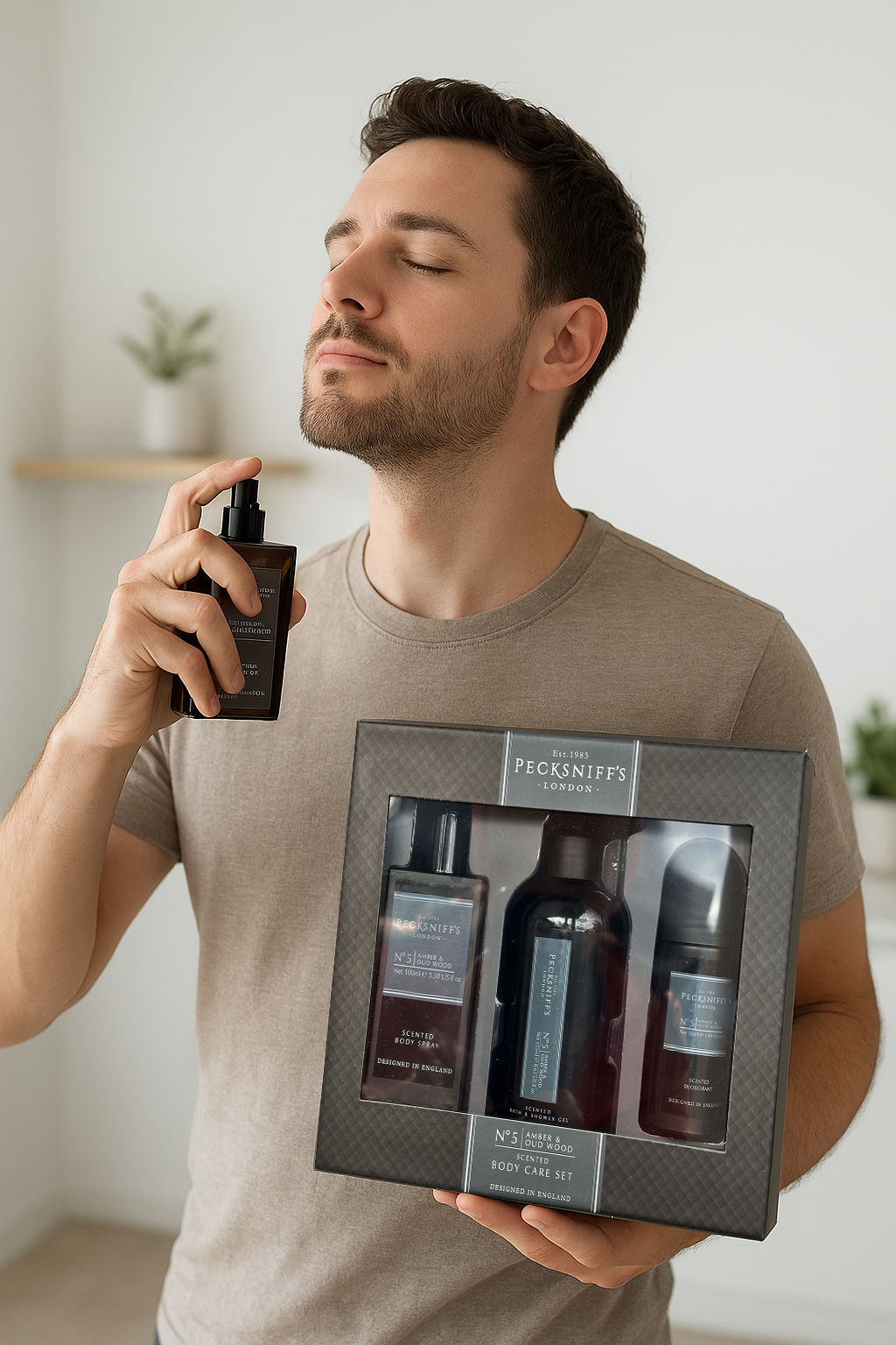 Pecksniff’s Men’s Essentials Body Trio Gift Set – Amber & Oud Wood – Bath & Shower Gel 250ml, Body Spray 100ml, Deodorant 50ml