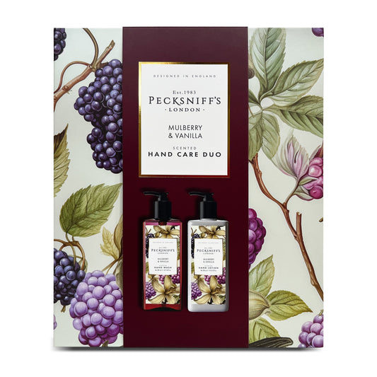 Pecksniff’s Hand Care Duo Gift Set, Mulberry & Vanilla, Hard Box Set with 300ml Hand Wash and 300ml Hand Lotion, Moisturizing Sink Set, Designed in England