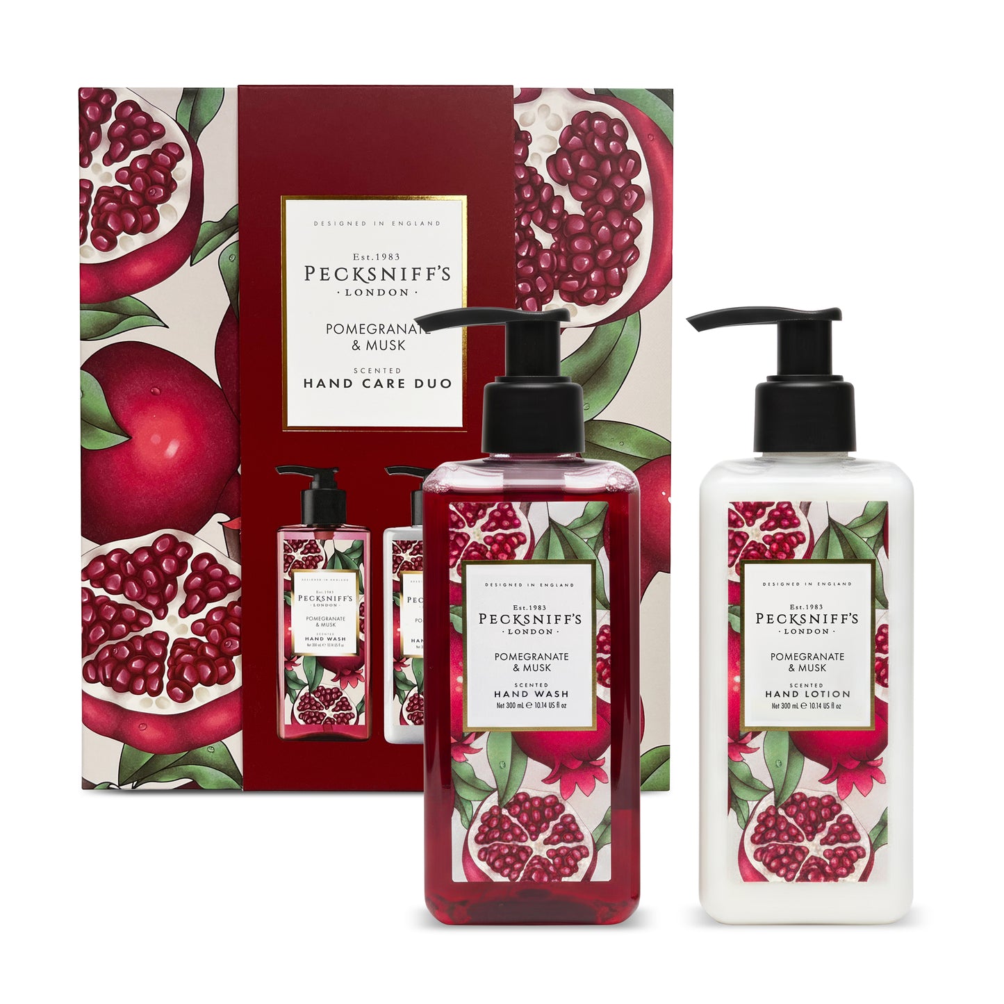 Pecksniff’s Enchanted Winter Hand Care Duo, Pomegranate & Musk, Hard Box Gift Set with 300ml Hand Wash and 300ml Hand Lotion, Designed in England
