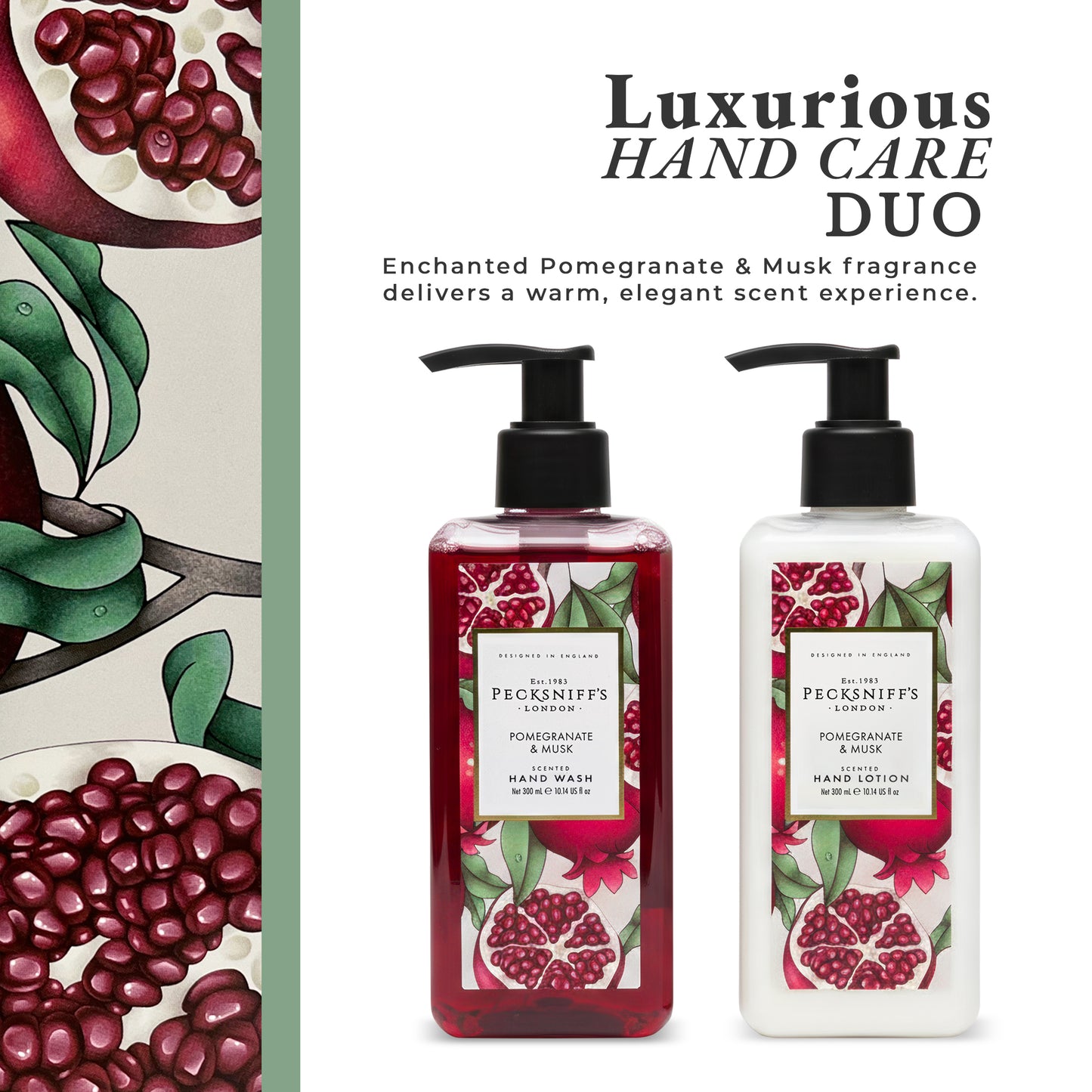 Pecksniff’s Enchanted Winter Hand Care Duo, Pomegranate & Musk, Hard Box Gift Set with 300ml Hand Wash and 300ml Hand Lotion, Designed in England
