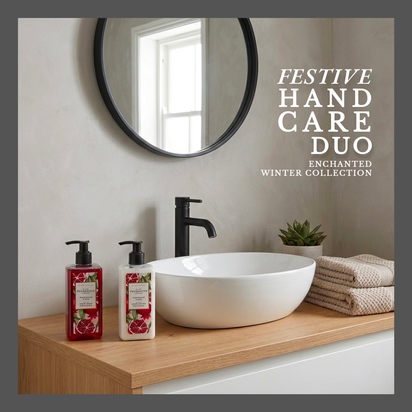 Pecksniff’s Enchanted Winter Hand Care Duo, Pomegranate & Musk, Hard Box Gift Set with 300ml Hand Wash and 300ml Hand Lotion, Designed in England