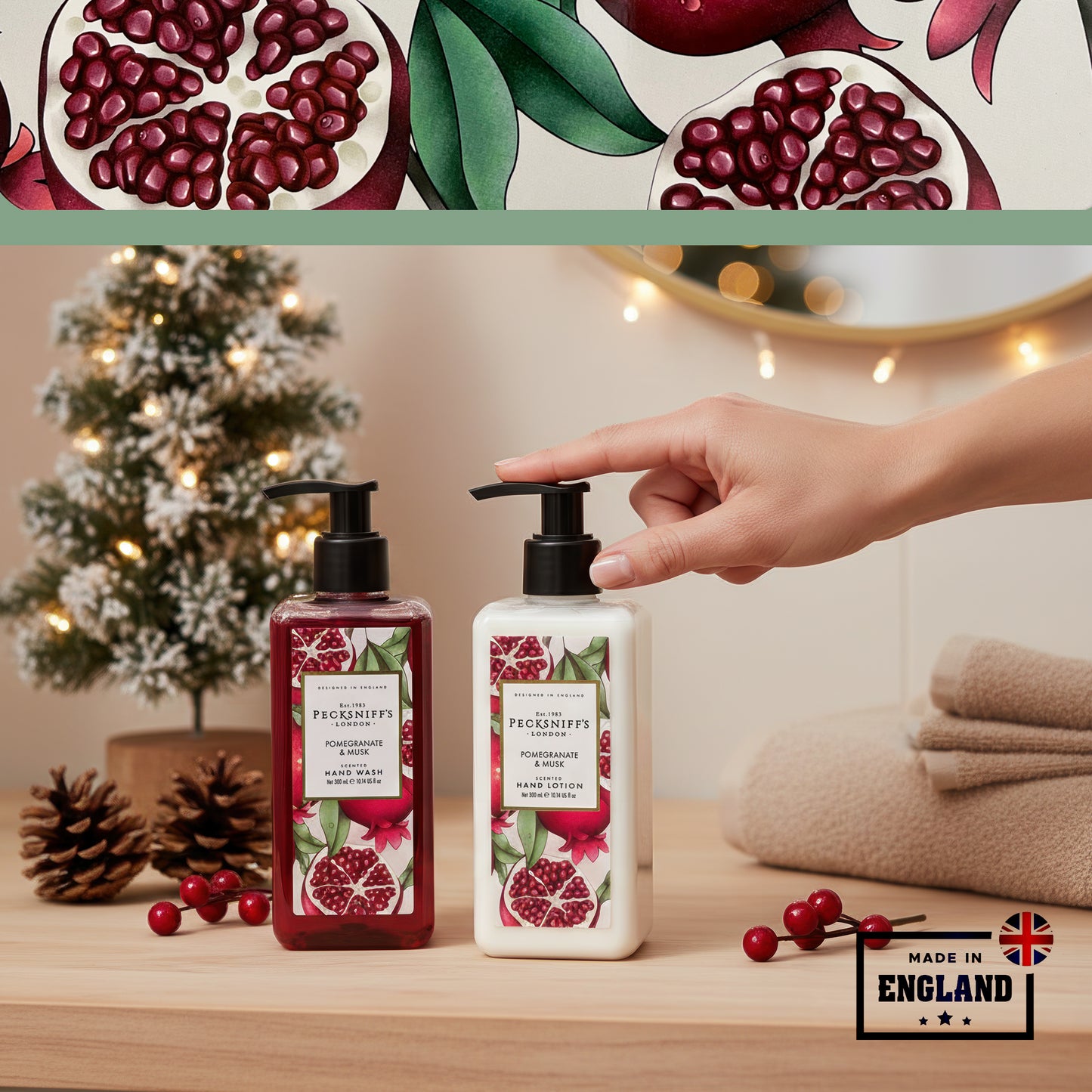 Pecksniff’s Enchanted Winter Hand Care Duo, Pomegranate & Musk, Hard Box Gift Set with 300ml Hand Wash and 300ml Hand Lotion, Designed in England
