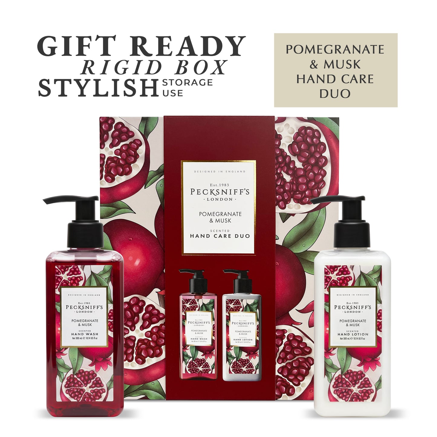 Pecksniff’s Enchanted Winter Hand Care Duo, Pomegranate & Musk, Hard Box Gift Set with 300ml Hand Wash and 300ml Hand Lotion, Designed in England