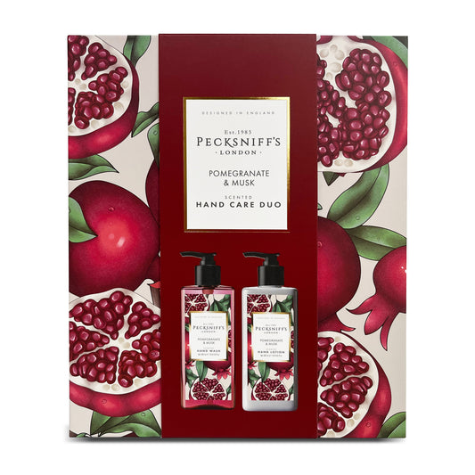Pecksniff’s Enchanted Winter Hand Care Duo, Pomegranate & Musk, Hard Box Gift Set with 300ml Hand Wash and 300ml Hand Lotion, Designed in England