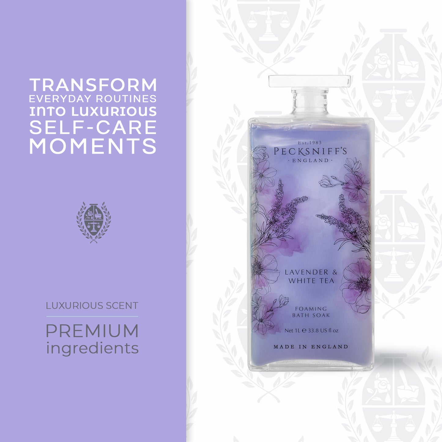 Pecksniff’s Lavender & White Tea Foaming Bath Soak – Luxury Bubble Bath, 1L / 33.8 fl oz, Made in England