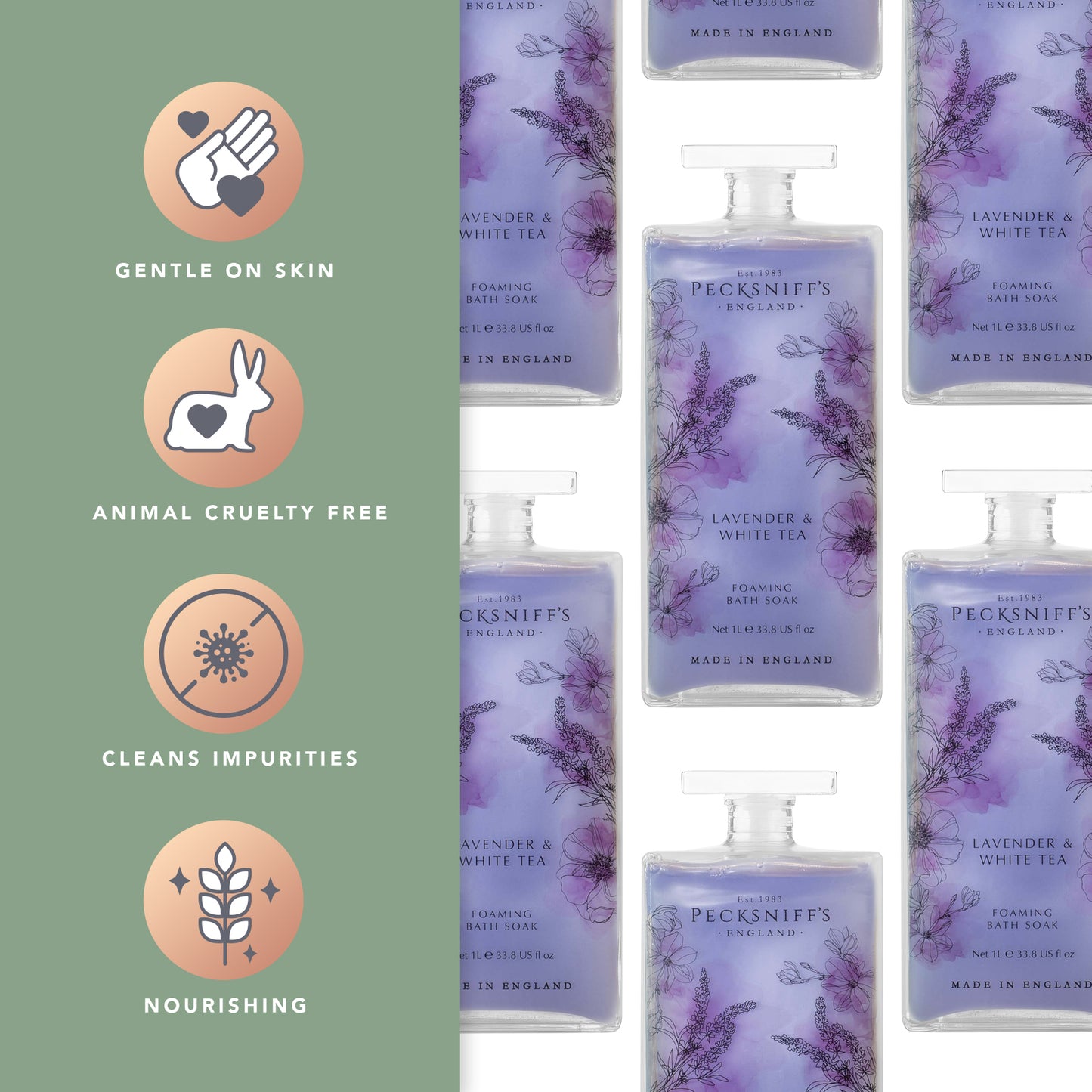 Pecksniff’s Lavender & White Tea Foaming Bath Soak – Luxury Bubble Bath, 1L / 33.8 fl oz, Made in England