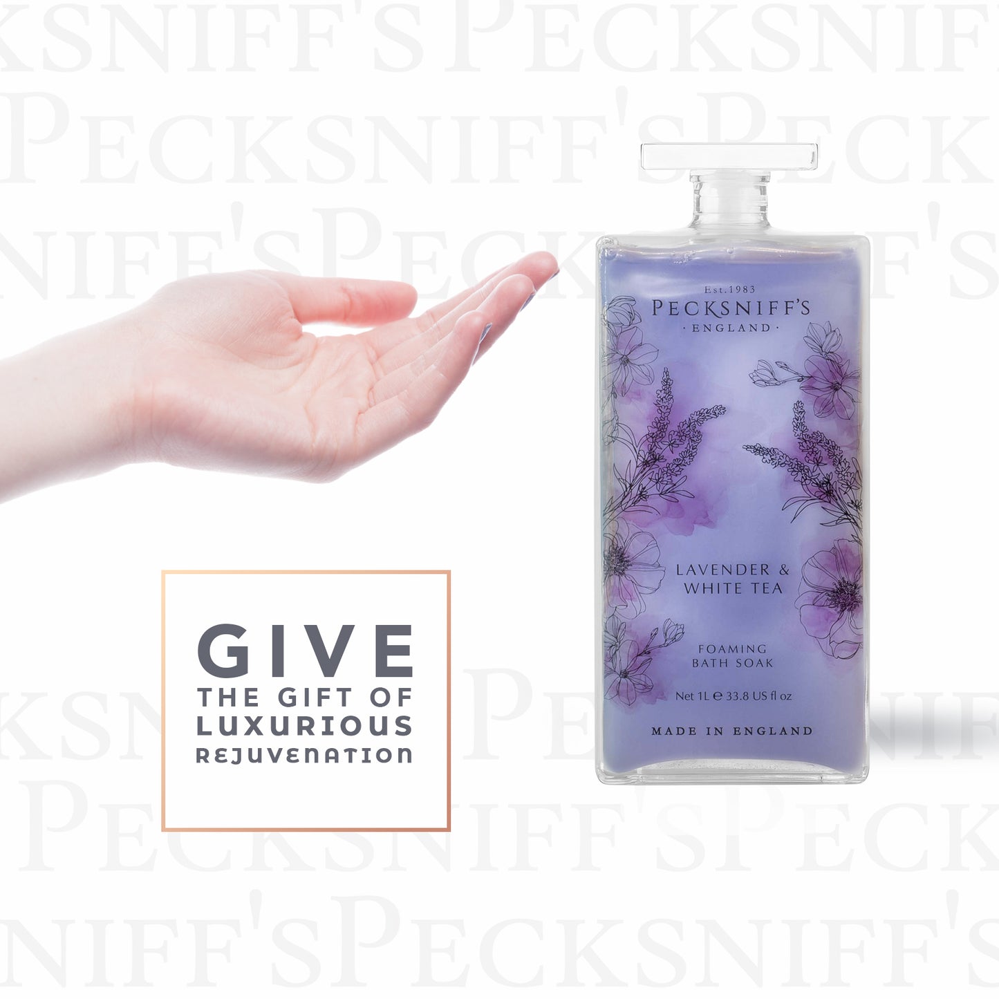 Pecksniff’s Lavender & White Tea Foaming Bath Soak – Luxury Bubble Bath, 1L / 33.8 fl oz, Made in England