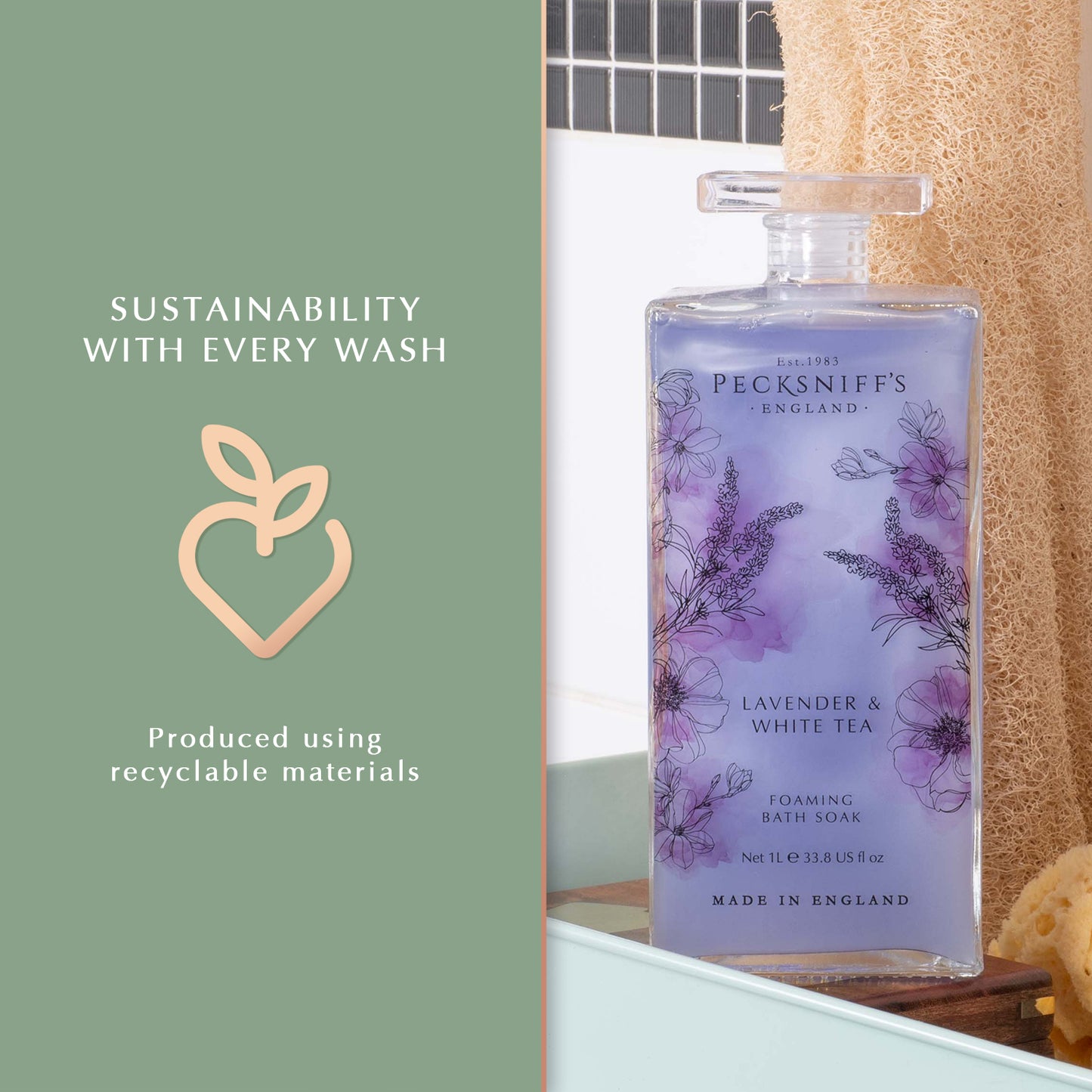 Pecksniff’s Lavender & White Tea Foaming Bath Soak – Luxury Bubble Bath, 1L / 33.8 fl oz, Made in England
