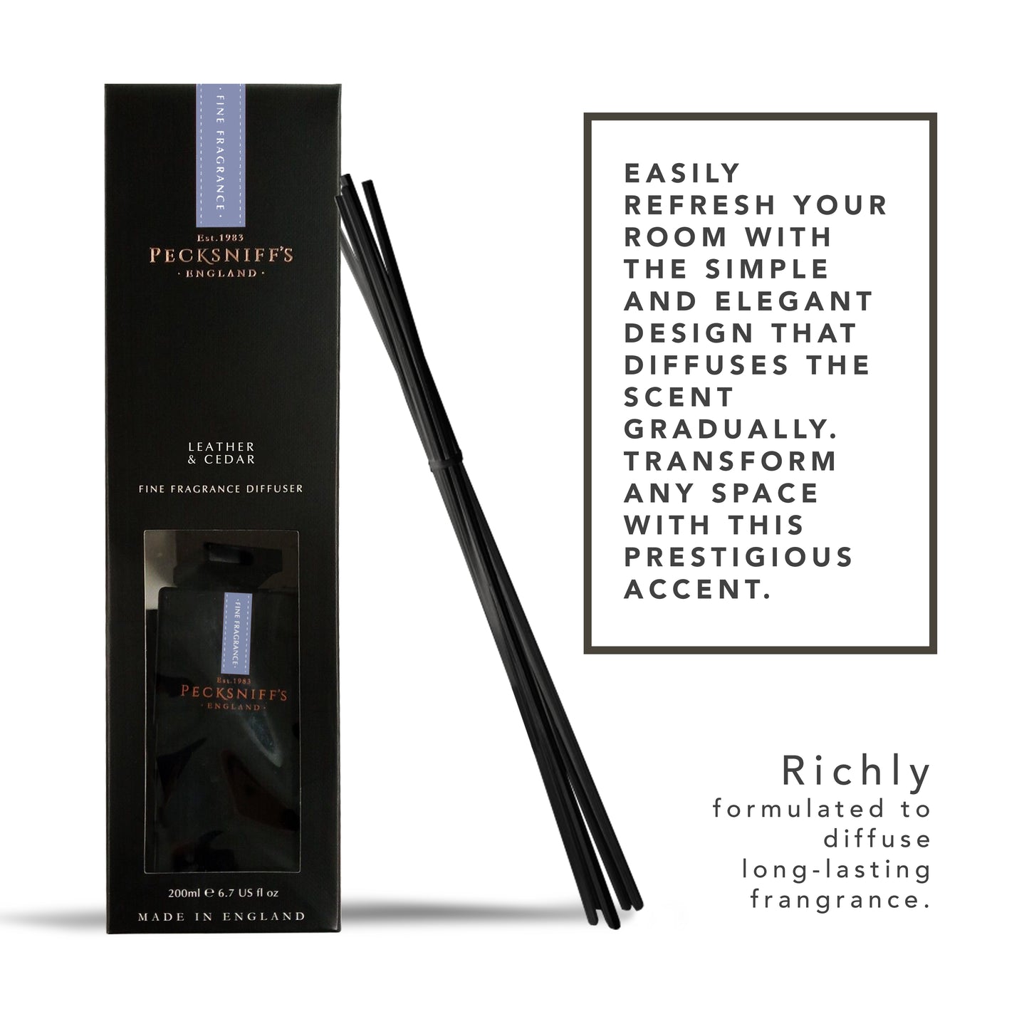 Pecksniff's Leather and Cedar Black Square Diffuser | 200ml/6.76 Fl Oz