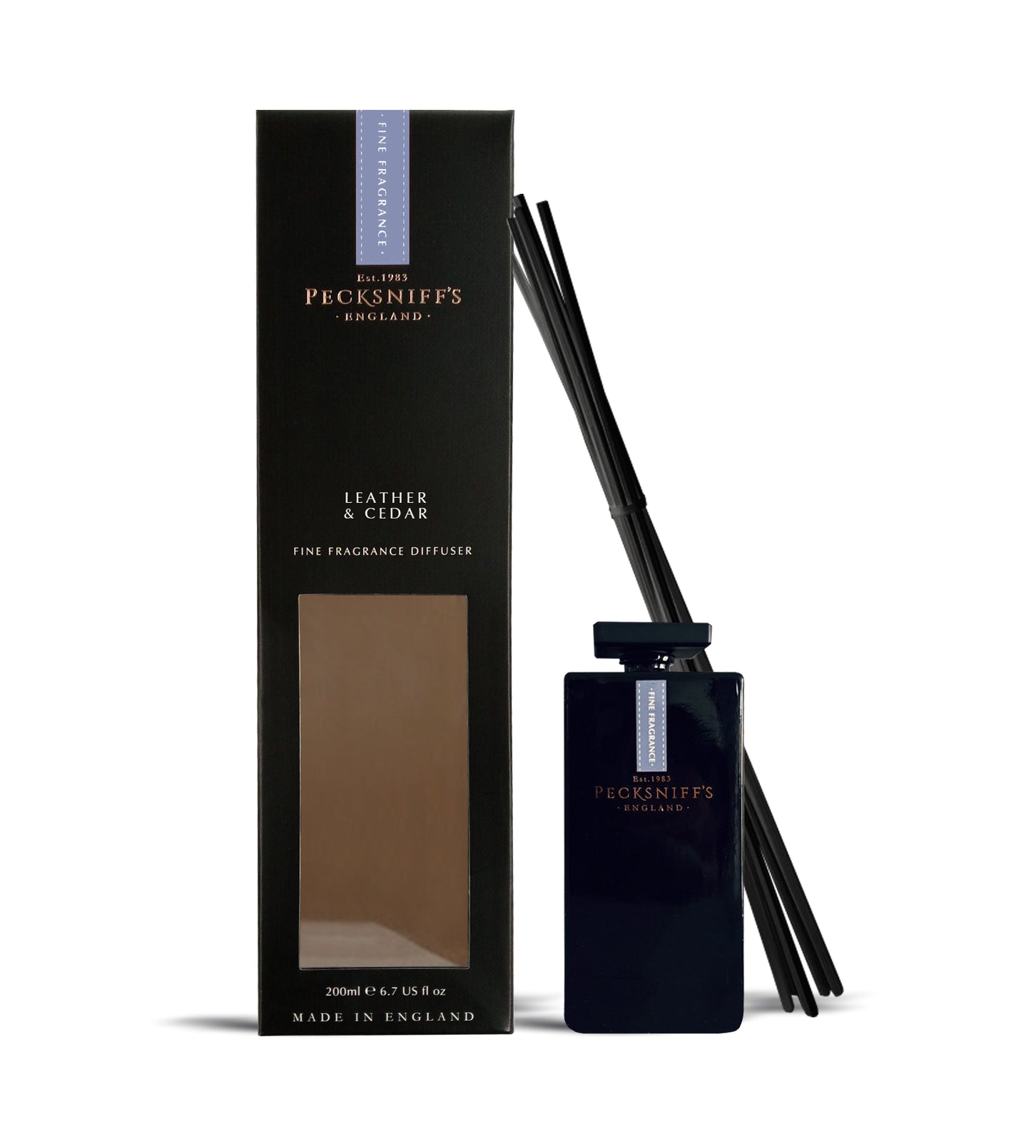 Pecksniff's Leather and Cedar Black Square Diffuser | 200ml/6.76 Fl Oz