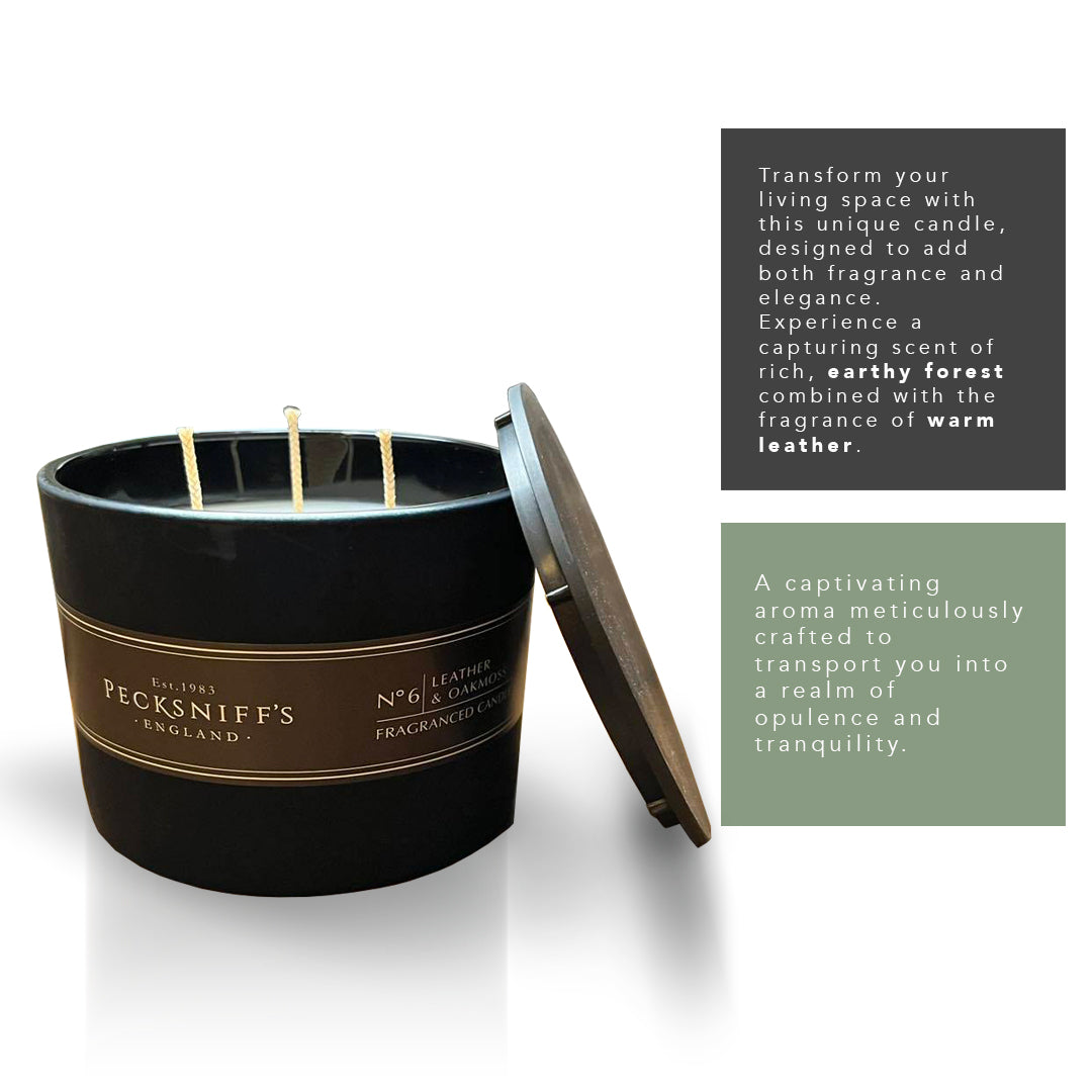 Pecksniffs Black Tall Leather & Oakmoss Scented Candle | 3 Wicks, 283g/9.9oz