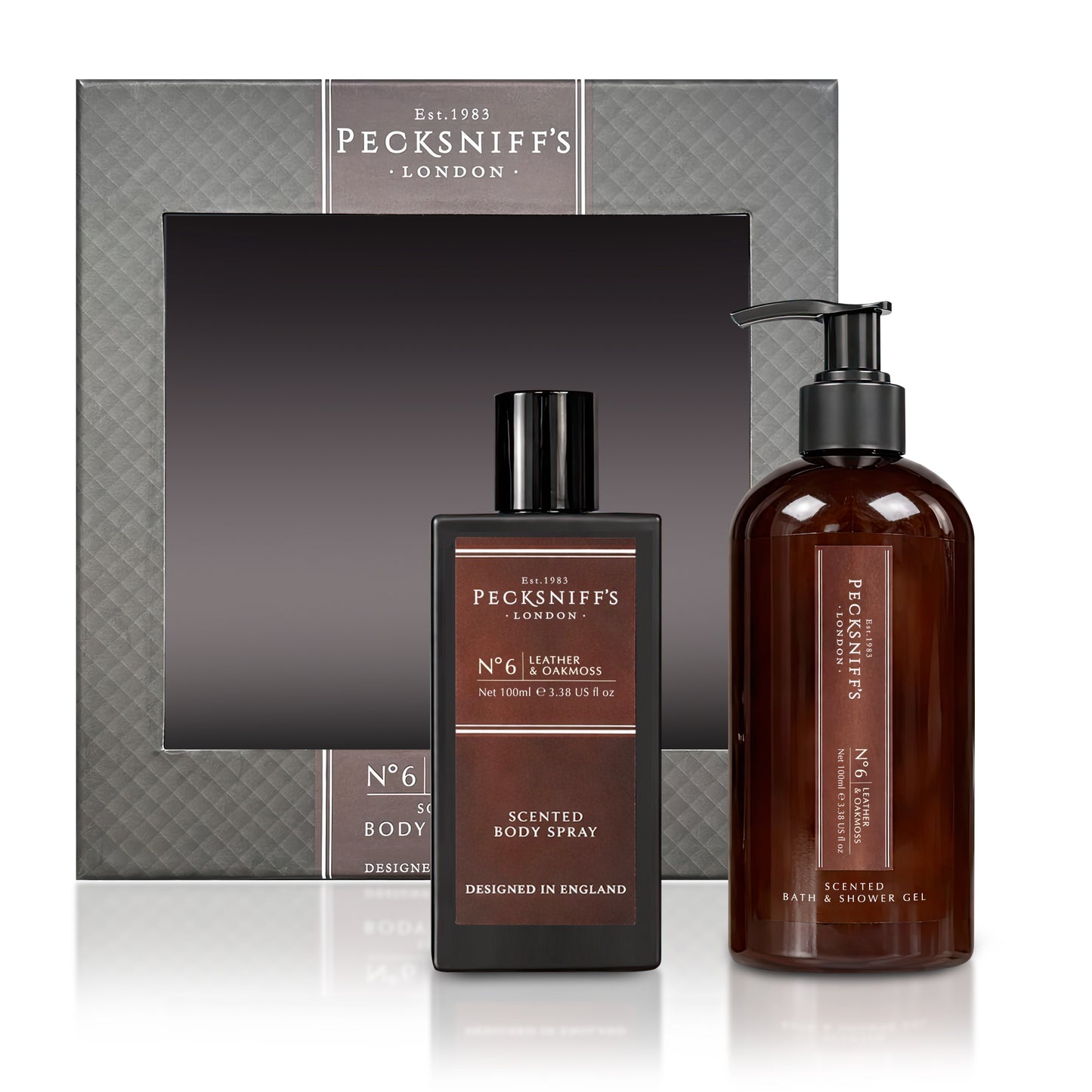 Pecksniff’s Men’s Body Duo Set – Leather & Oakmoss Scented Bath & Shower Gel 250ml & Body Spray 100ml – Luxury Grooming Gift Set for Him