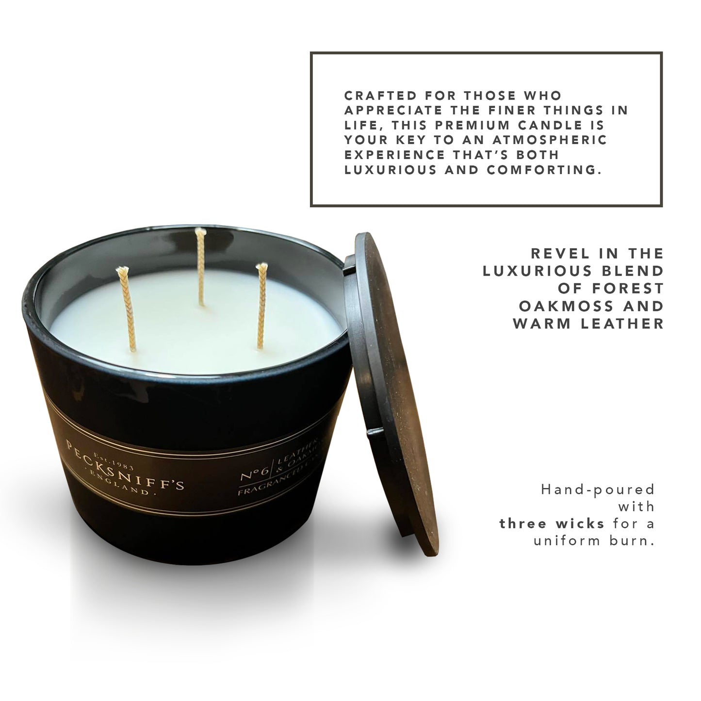 Pecksniffs Black Tall Leather & Oakmoss Scented Candle | 3 Wicks, 283g/9.9oz