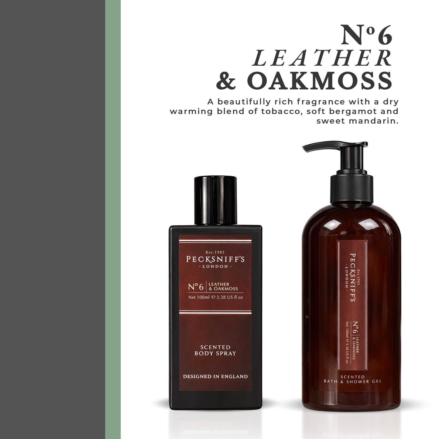 Pecksniff’s Men’s Body Duo Set – Leather & Oakmoss Scented Bath & Shower Gel 250ml & Body Spray 100ml – Luxury Grooming Gift Set for Him