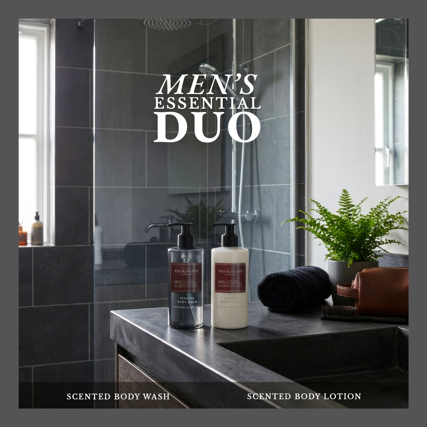 Pecksniffs Men's Bathing Duo Collection – Leather & Oakmoss Scented Body Wash and Body Lotion Gift Set, 2 x 250ml