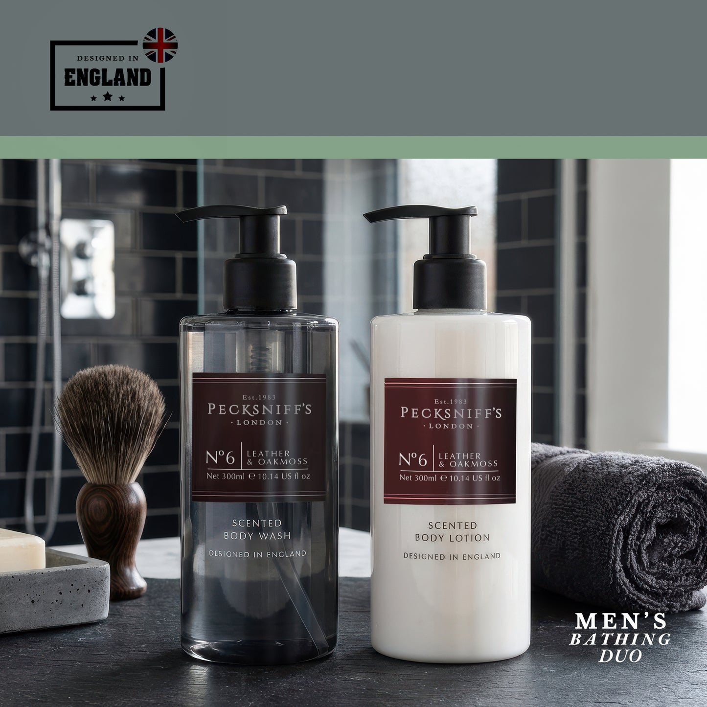 Pecksniffs Men's Bathing Duo Collection – Leather & Oakmoss Scented Body Wash and Body Lotion Gift Set, 2 x 250ml