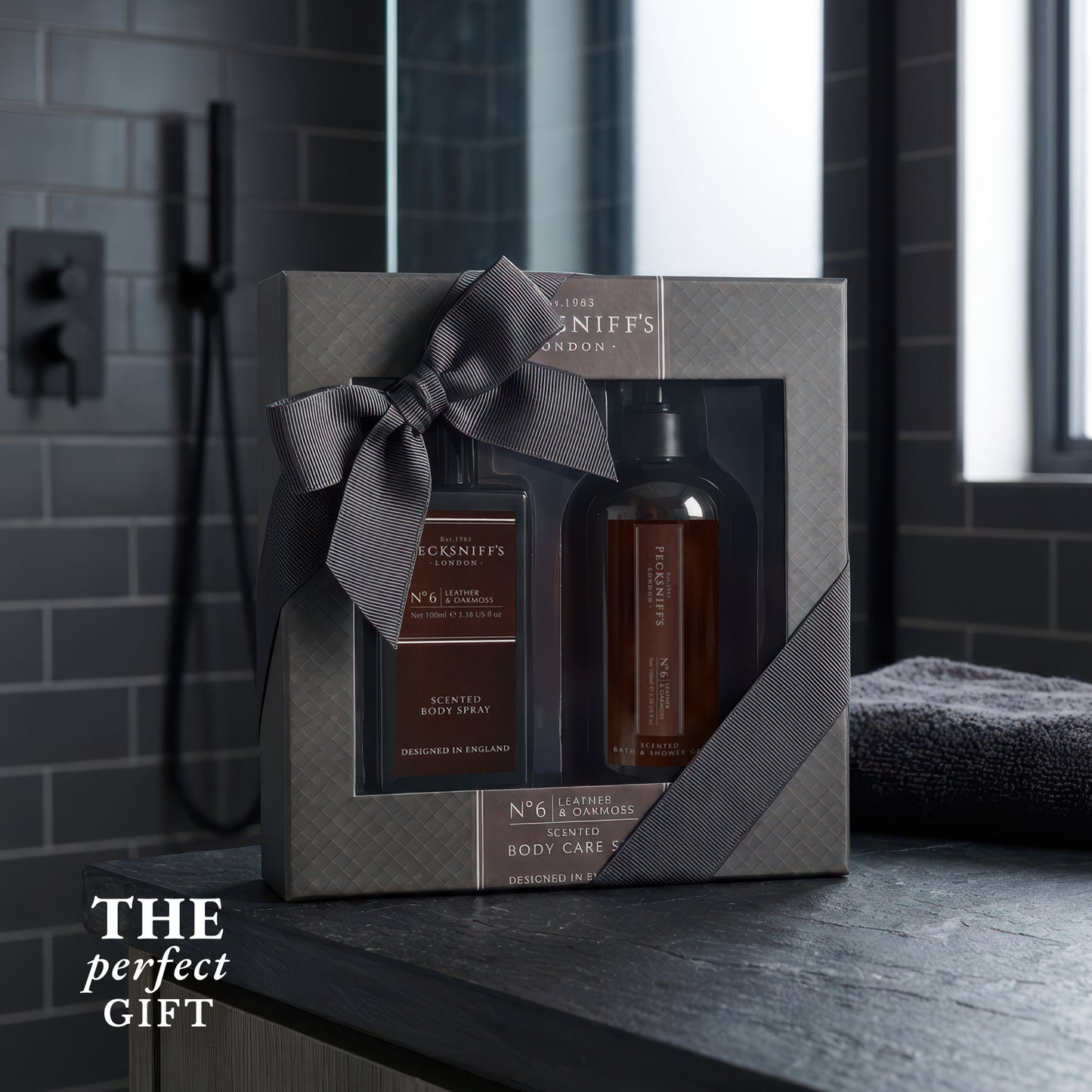Pecksniff’s Men’s Body Duo Set – Leather & Oakmoss Scented Bath & Shower Gel 250ml & Body Spray 100ml – Luxury Grooming Gift Set for Him