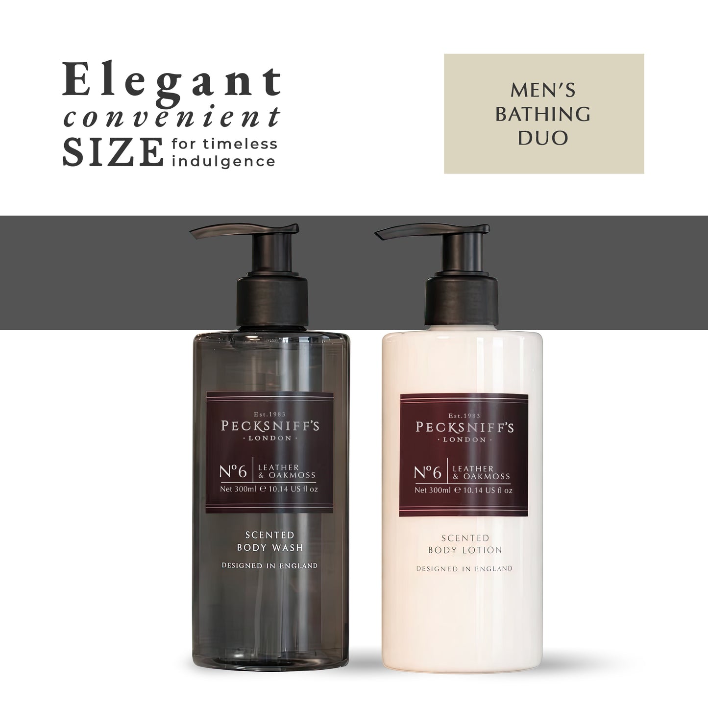 Pecksniffs Men's Bathing Duo Collection – Leather & Oakmoss Scented Body Wash and Body Lotion Gift Set, 2 x 250ml