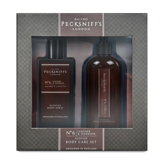 Pecksniff’s Men’s Body Duo Set – Leather & Oakmoss Scented Bath & Shower Gel 250ml & Body Spray 100ml – Luxury Grooming Gift Set for Him