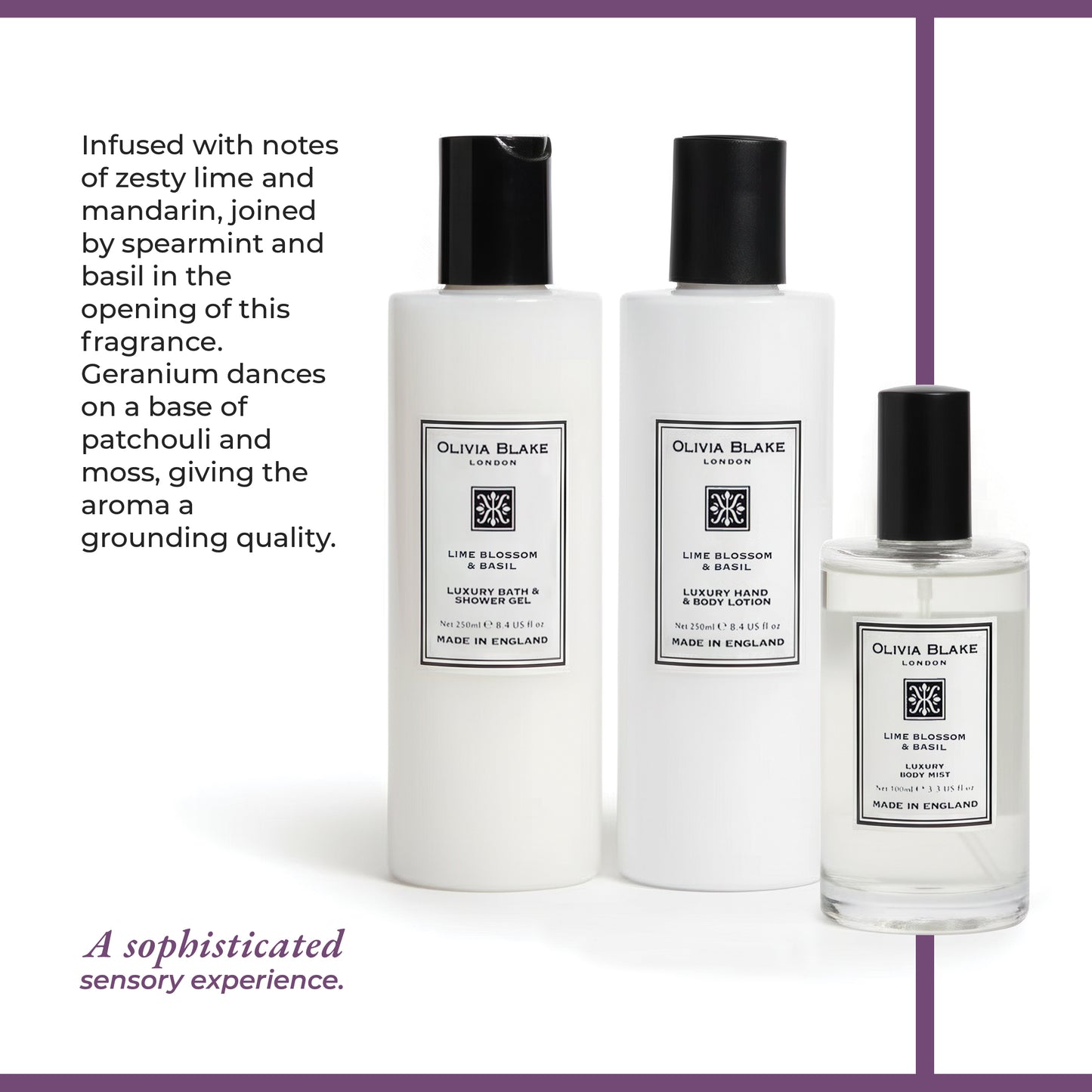 Olivia Blake Lime Blossom & Basil Trio Gift Set – 100 ml/3.38 fl oz Body Mist, 250 ml/8.45 fl oz Shower Gel, 250 ml/8.45 fl oz Body Lotion – Luxurious Everyday Essentials for Women