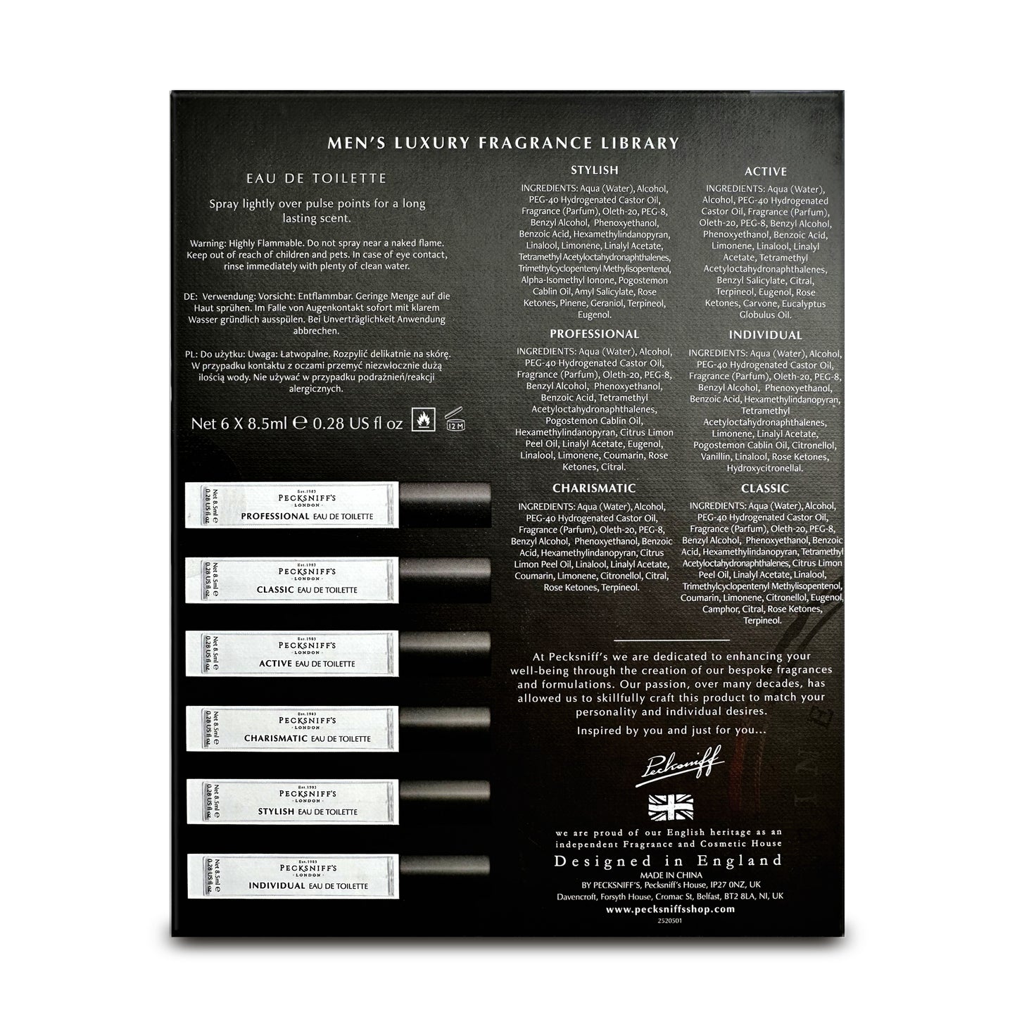 Pecksniff’s Men’s Luxury Fragrance Library Gift Set – 6x10ml Eau de Toilette Collection – Luxury Cologne Sampler, Made in England