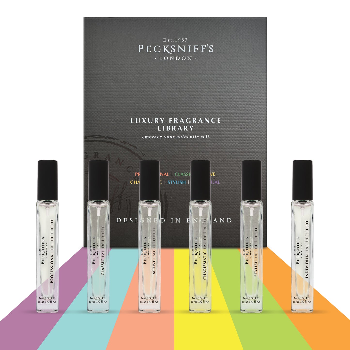 Pecksniff’s Men’s Luxury Fragrance Library Gift Set – 6x10ml Eau de Toilette Collection – Luxury Cologne Sampler, Made in England