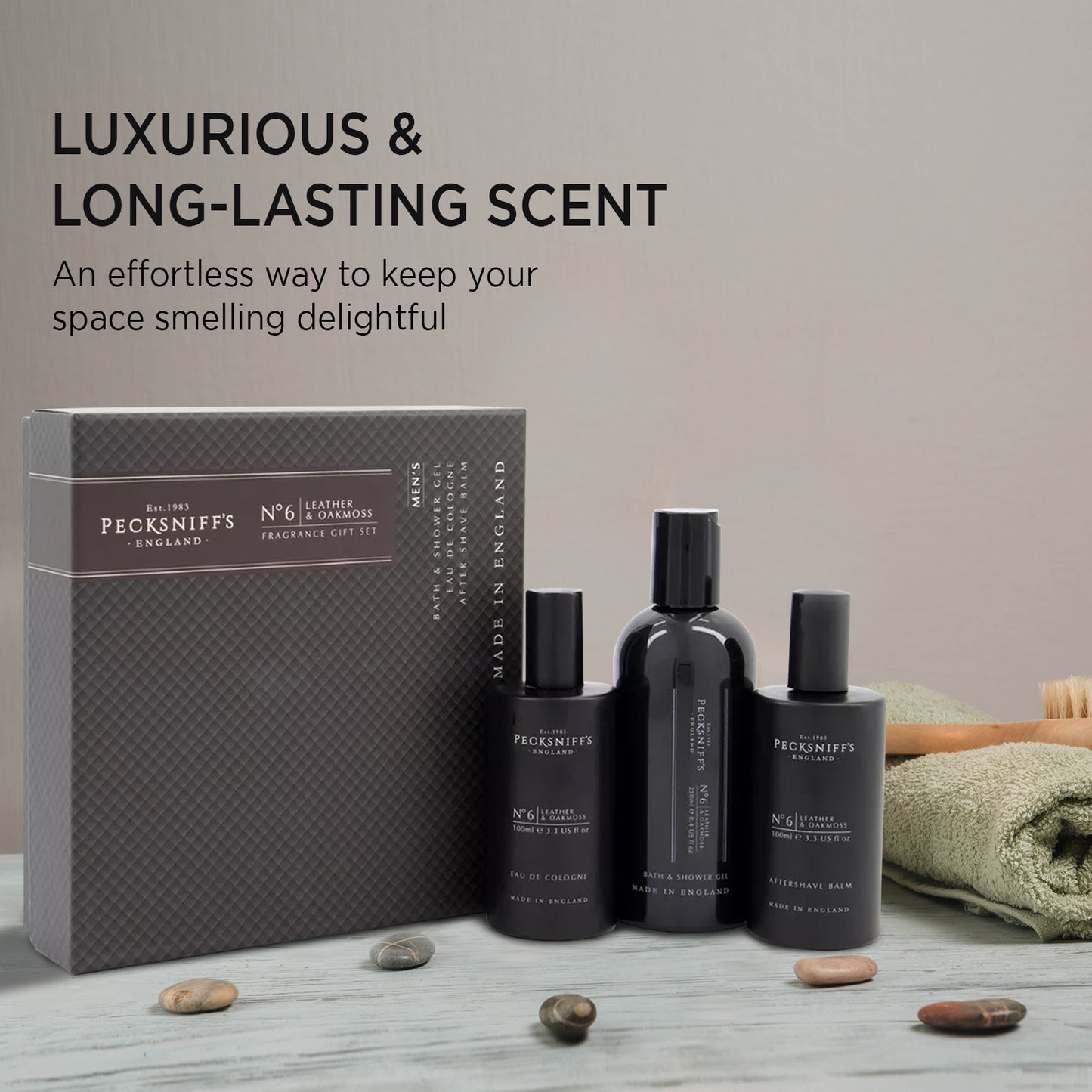 Pecksniffs Leather & Oakmoss Men's Gift Set: Eau de Cologne, 3-in-1 Bath & Shower Gel, After Shave Balm