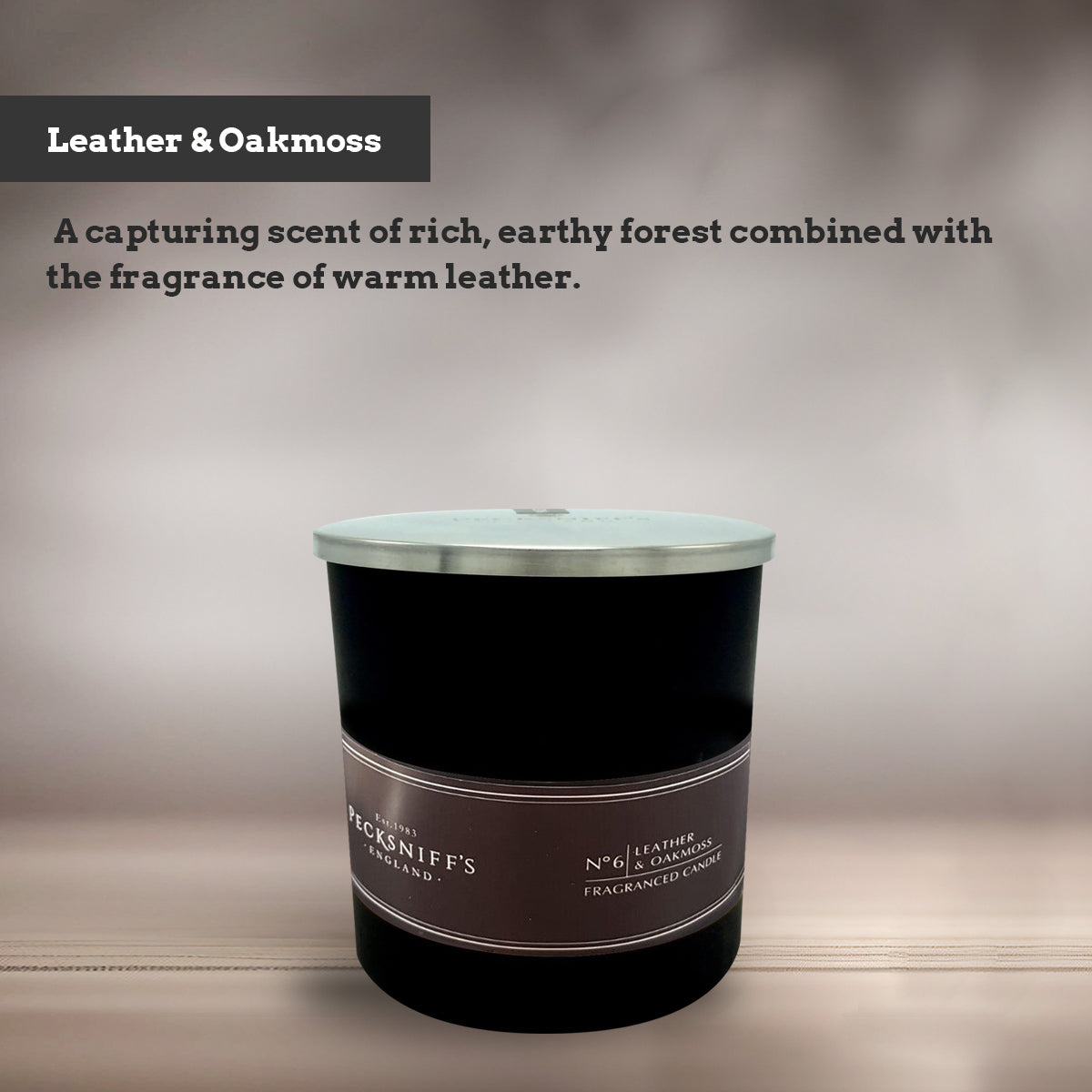 Pecksniffs Black Leather & Oakmoss Scented Candle | 1 Wick, 184g/6.49oz