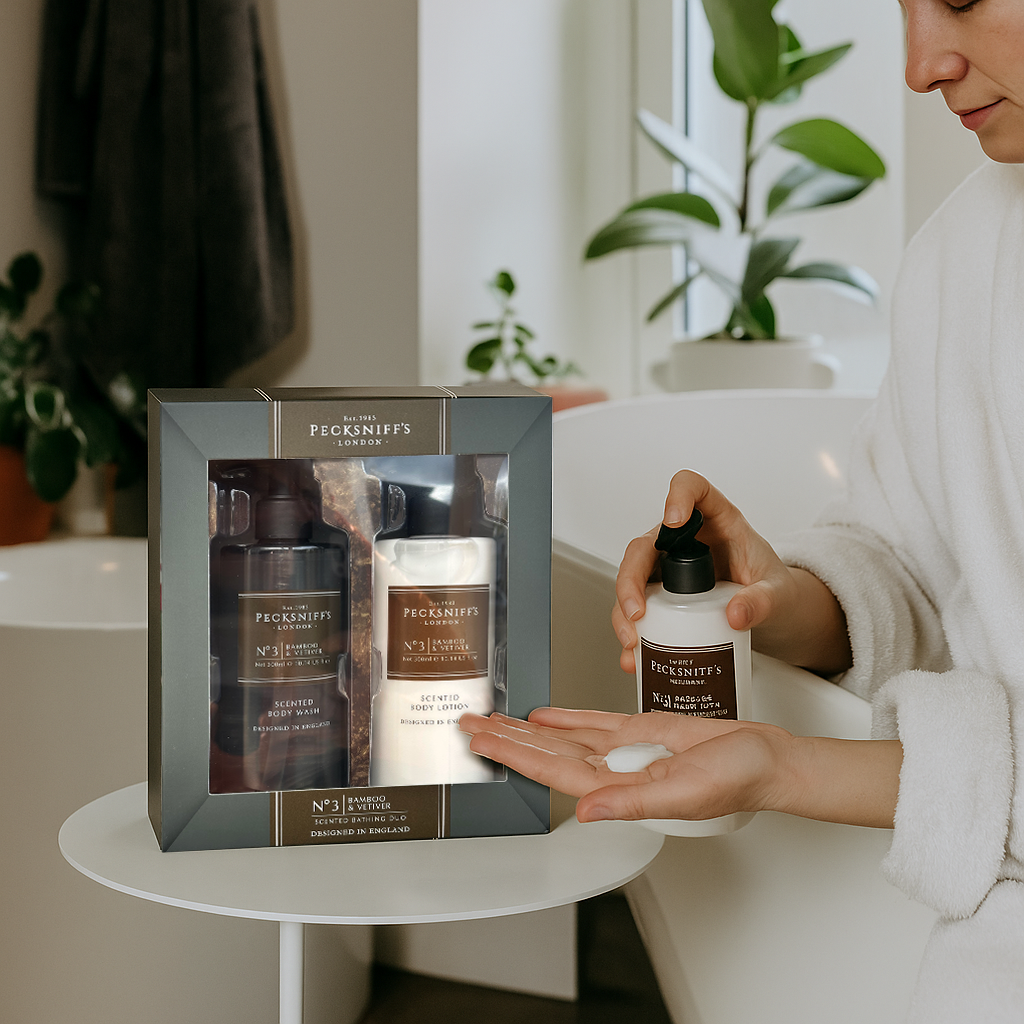 Pecksniffs Mens Bathing Duo Collection – Bamboo & Vetiver Scented Body Wash and Body Lotion Gift Set, 2 x 250ml