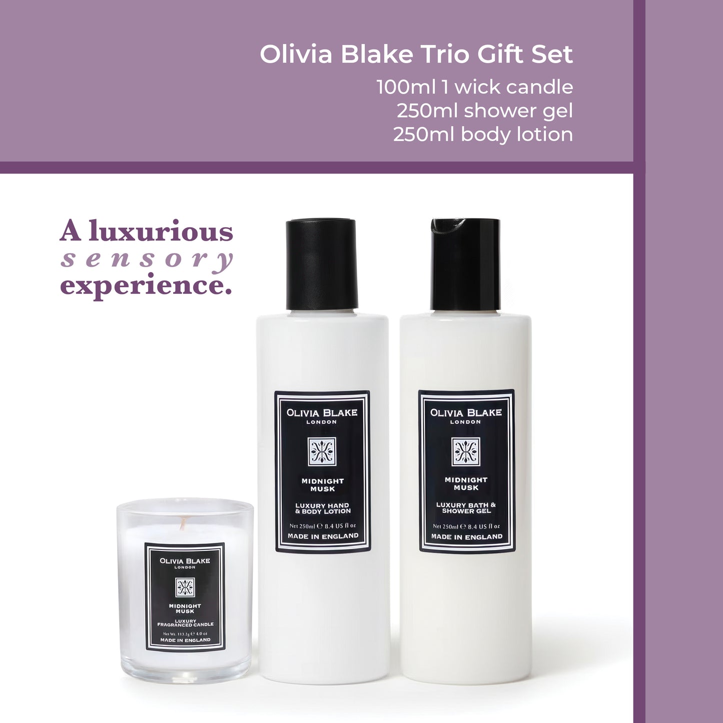 Olivia Blake Midnight Musk Trio Gift Set – Luxury Bath & Shower Gel 250ml, Hand & Body Lotion 250ml, Fragranced Candle 100ml – Elegant Home & Body Collection, Made in London
