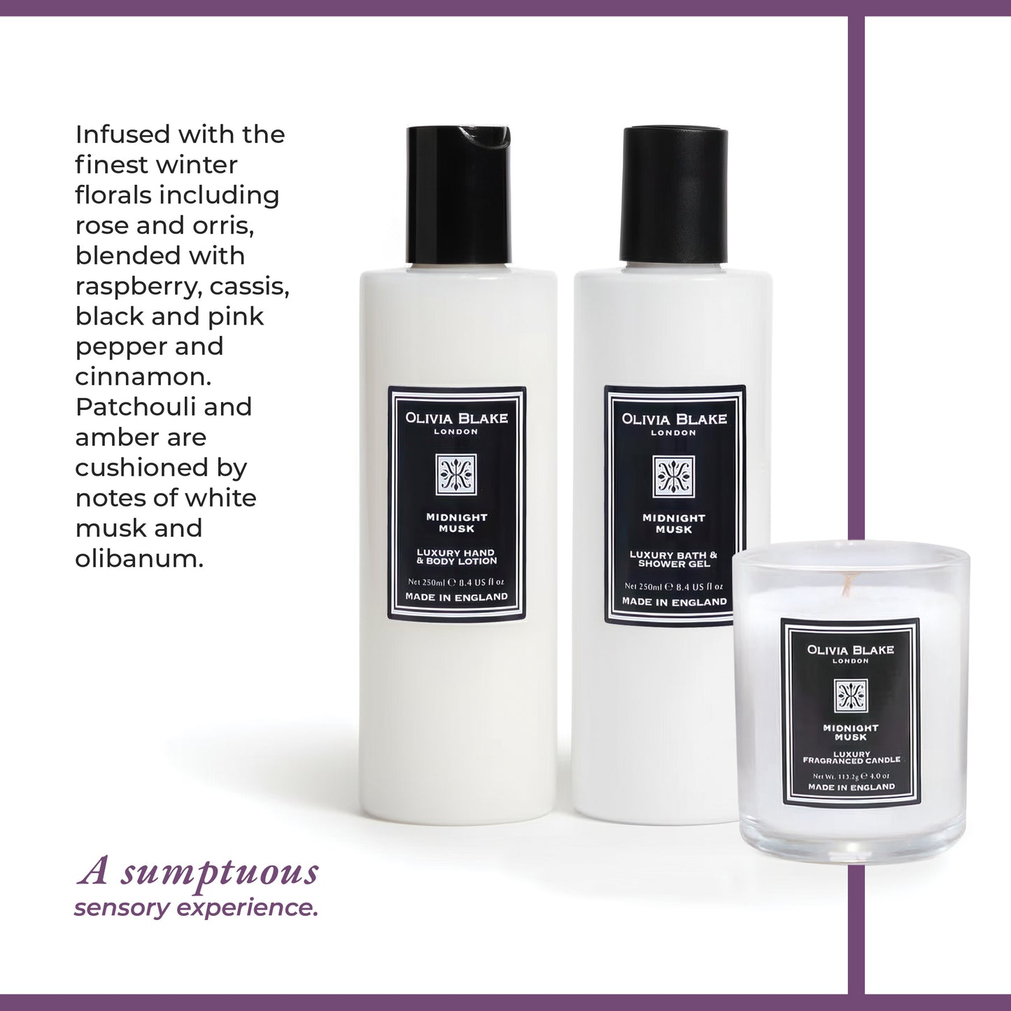 Olivia Blake Midnight Musk Trio Gift Set – Luxury Bath & Shower Gel 250ml, Hand & Body Lotion 250ml, Fragranced Candle 100ml – Elegant Home & Body Collection, Made in London
